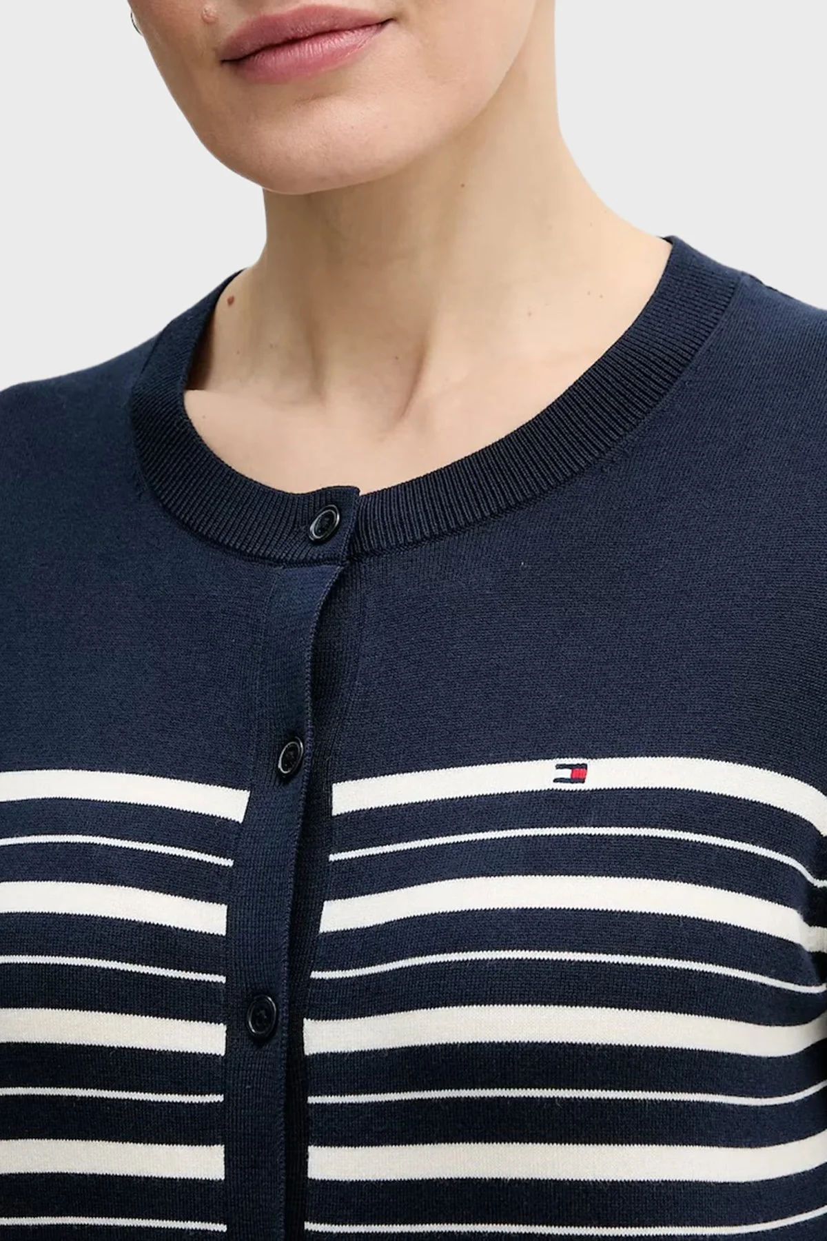 Tommy Hilfiger Çizgili % 100 Pamuk Regular Fit Düğmeli Bayan Kazak WW0WW42370 0A6 LACİVERT - 4