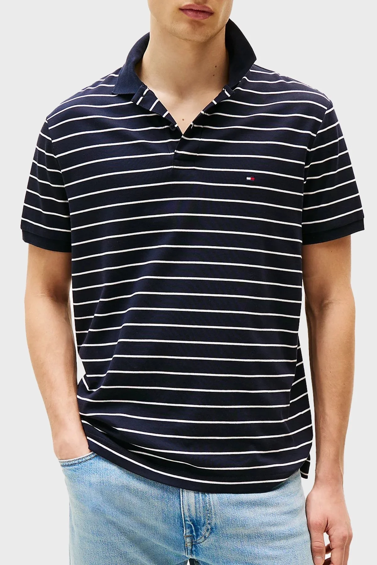 Tommy Hilfiger Çizgili % 100 Pamuk Regular Fit Düğmeli Erkek Polo Yaka T Shirt MW0MW39994 0A7 MAVİ - 1