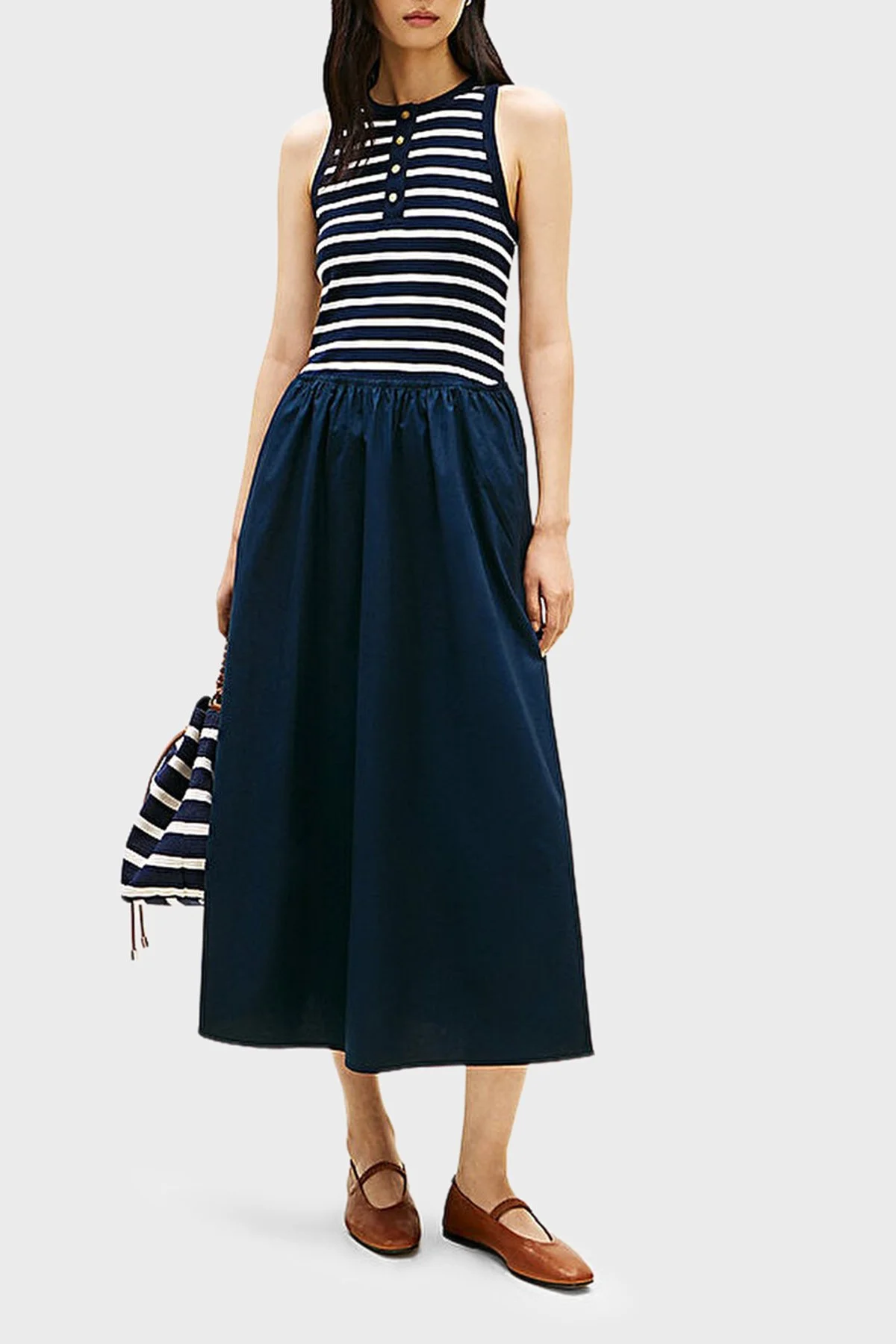 Tommy Hilfiger Çizgili % 100 Pamuk Regular Fit Pileli Maxi Boy Bayan Elbise WW0WW49628 0X3 LACİVERT-BEYAZ - 1