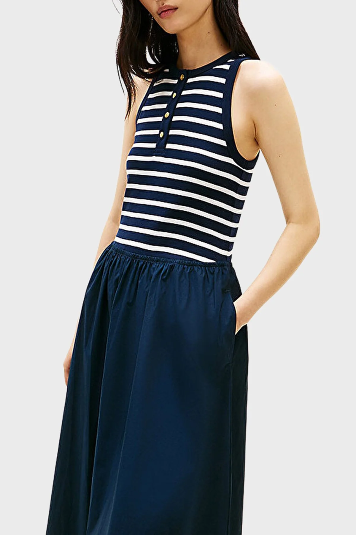 Tommy Hilfiger Çizgili % 100 Pamuk Regular Fit Pileli Maxi Boy Bayan Elbise WW0WW49628 0X3 LACİVERT-BEYAZ - 3