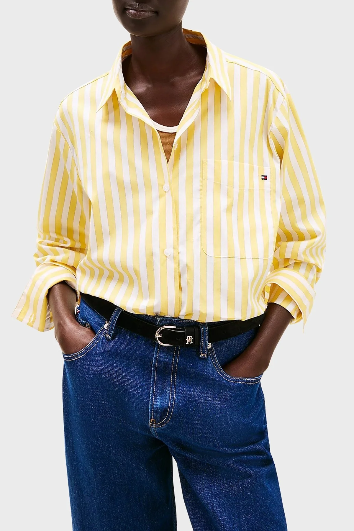 Tommy Hilfiger Çizgili % 100 Pamuk Regular Fit Tek Cepli Bayan Gömlek WW0WW45612 0FT SARI - 5