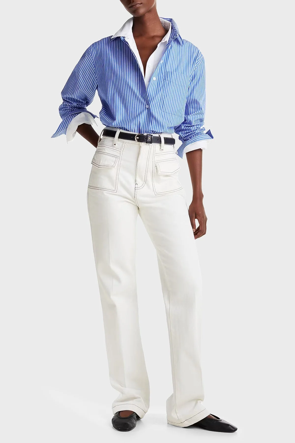 Tommy Hilfiger Çizgili % 100 Pamuk Regular Fit Tek Cepli Bayan Gömlek WW0WW45612 0X6 TURKUAZ - 8