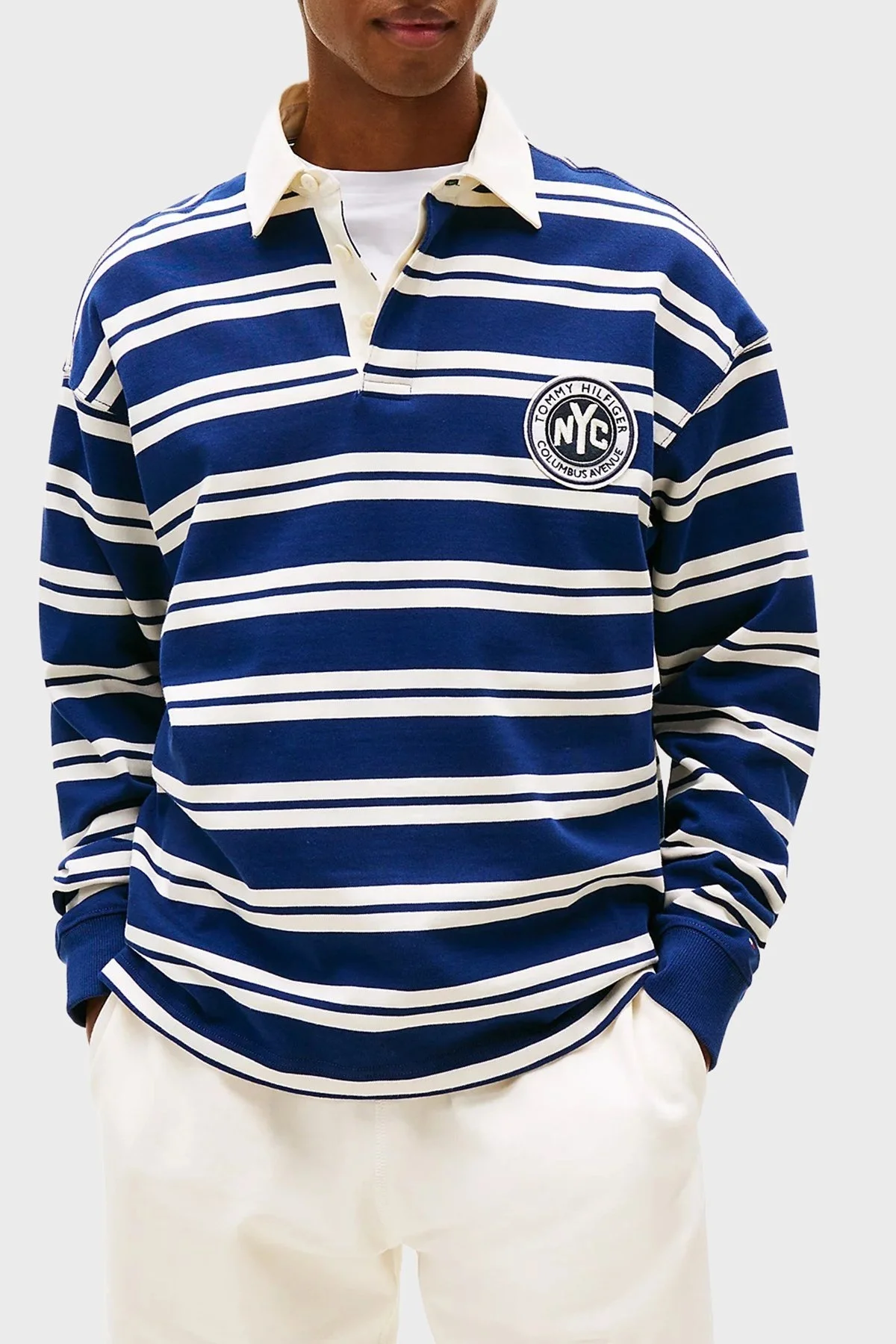 Tommy Hilfiger Çizgili % 100 Pamuk Relaxed Fit Düğmeli Polo Yaka Erkek Kazak MW0MW39682 0FA LACİVERT-BEYAZ - 1