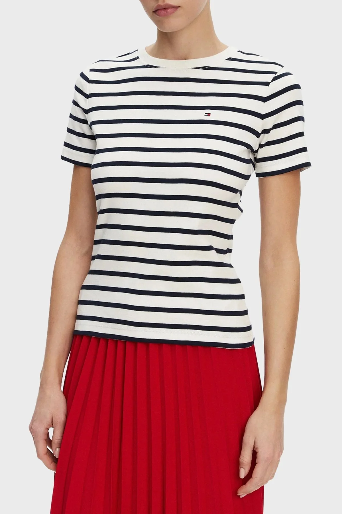 Tommy Hilfiger Çizgili % 100 Pamuk Slim Fit Bisiklet Yaka Bayan T Shirt WW0WW40587 0BF EKRU-LACİVERT - 5