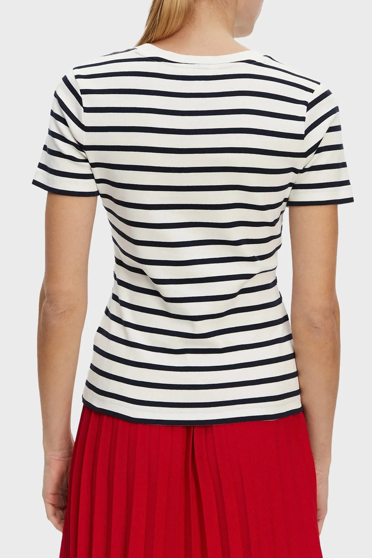 Tommy Hilfiger Çizgili % 100 Pamuk Slim Fit Bisiklet Yaka Bayan T Shirt WW0WW40587 0BF EKRU-LACİVERT - 6