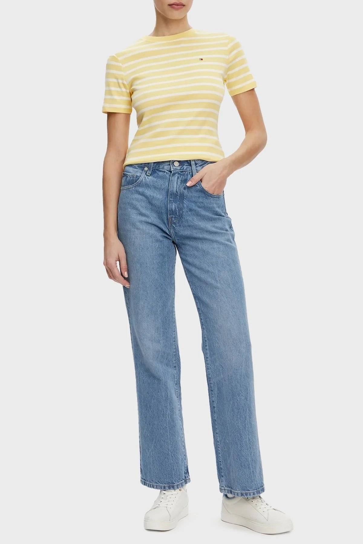 Tommy Hilfiger Çizgili % 100 Pamuk Slim Fit Bisiklet Yaka Bayan T Shirt WW0WW40587 0FR SARI - 1