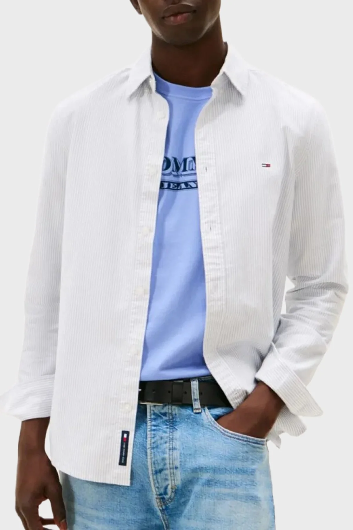 Tommy Hilfiger Çizgili % 100 Pamuk Slim Fit Uzun Kollu Erkek Gömlek DM0DM20668 C5X MAVİ - 1