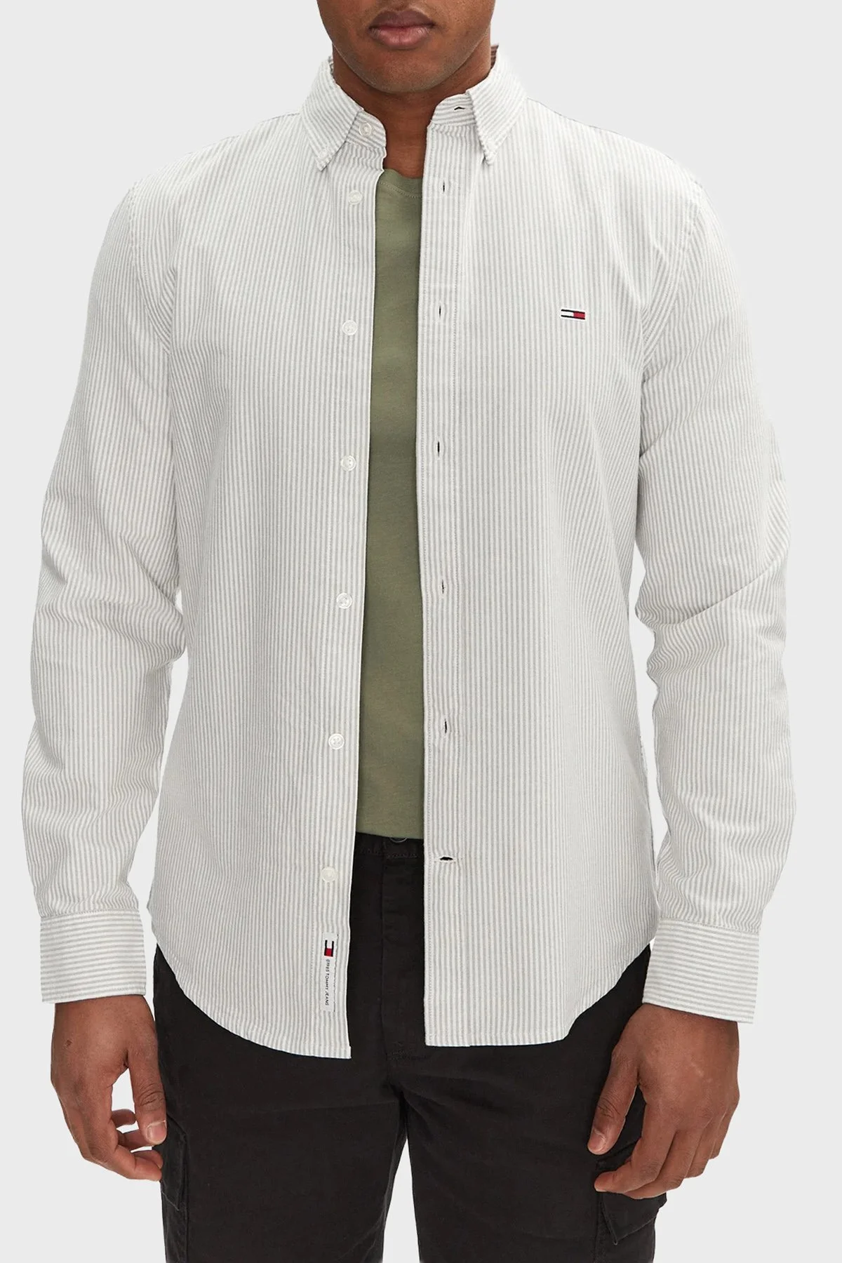 Tommy Hilfiger Çizgili % 100 Pamuk Slim Fit Uzun Kollu Erkek Gömlek DM0DM20668 GY1 KOYU YEŞİL - 1