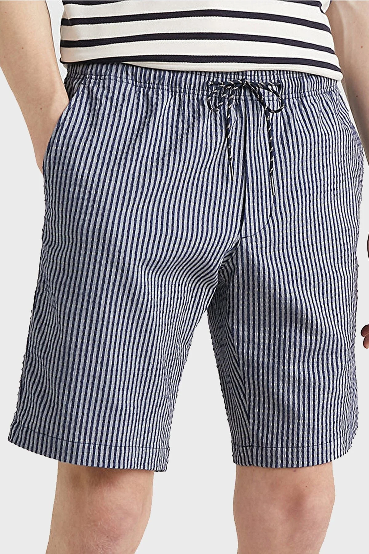 Tommy Hilfiger Çizgili Belden Bağlamalı Cepli Relaxed Fit Streç Pamuklu Gofre Erkek Short MW0MW31236 DW5 LACİVERT - 1