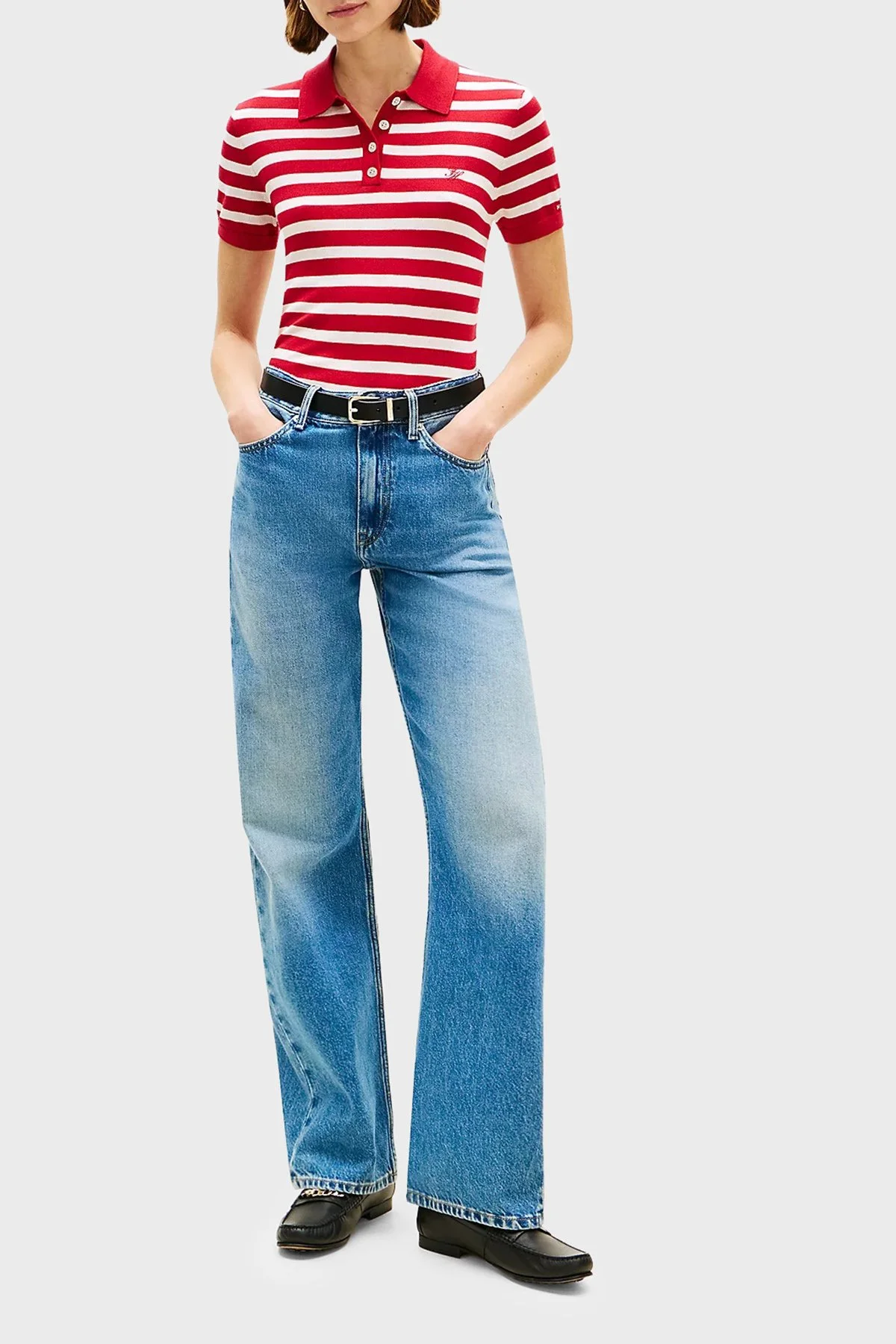 Tommy Hilfiger Çizgili İpek Karışımlı Kısa Kollu Düğmeli Kadın Polo Yaka Kazak WW0WW48503 04W KIRMIZI-BEYAZ - 2