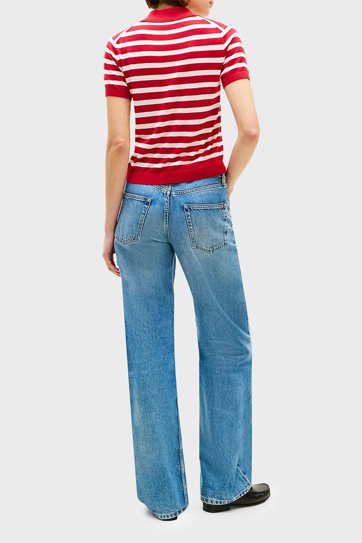 Tommy Hilfiger Çizgili İpek Karışımlı Kısa Kollu Düğmeli Kadın Polo Yaka Kazak WW0WW48503 04W KIRMIZI-BEYAZ - 3