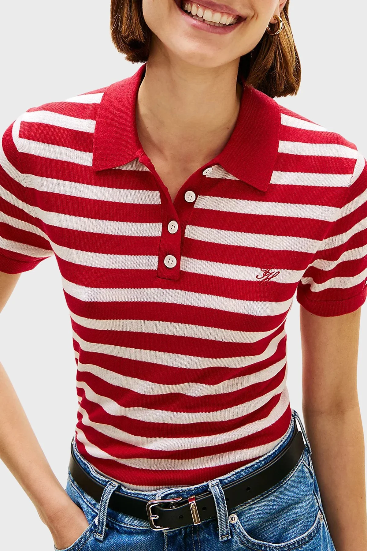 Tommy Hilfiger Çizgili İpek Karışımlı Kısa Kollu Düğmeli Kadın Polo Yaka Kazak WW0WW48503 04W KIRMIZI-BEYAZ - 4