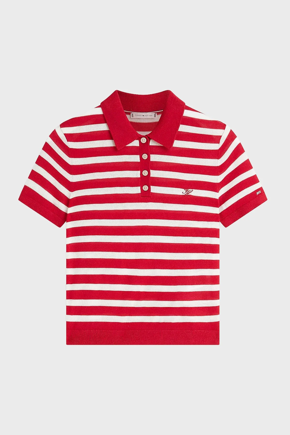 Tommy Hilfiger Çizgili İpek Karışımlı Kısa Kollu Düğmeli Kadın Polo Yaka Kazak WW0WW48503 04W KIRMIZI-BEYAZ - 5