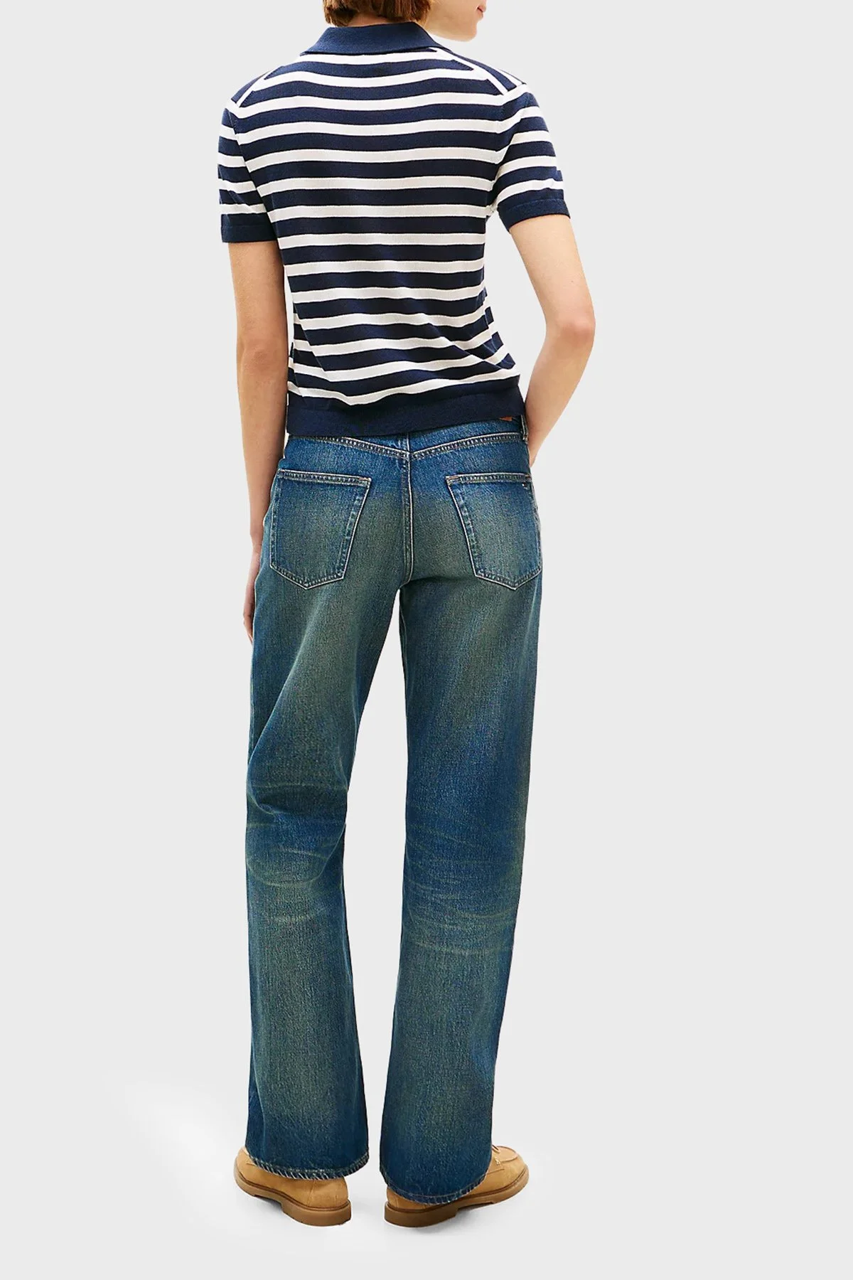 Tommy Hilfiger Çizgili İpek Karışımlı Kısa Kollu Düğmeli Kadın Polo Yaka Kazak WW0WW48503 0A5 LACİVERT-BEYAZ - 3