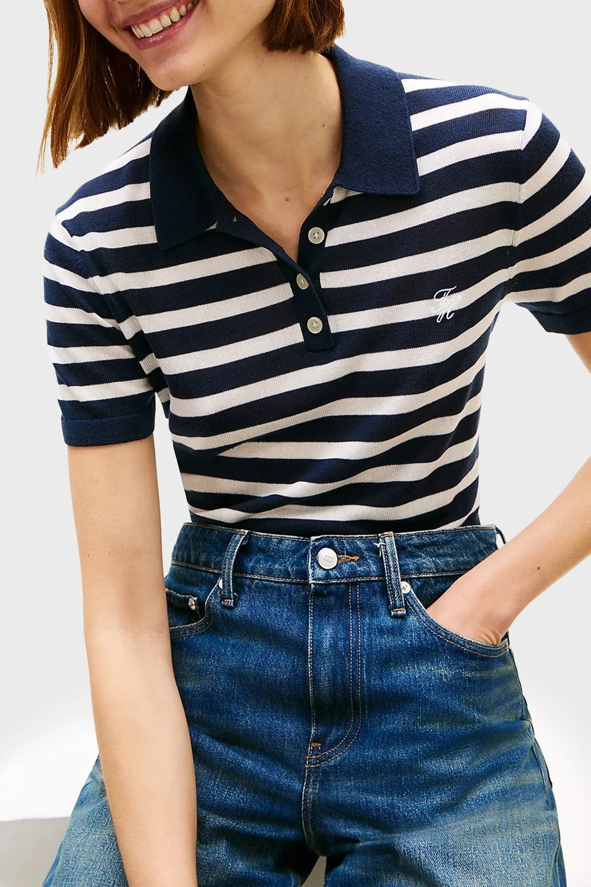 Tommy Hilfiger Çizgili İpek Karışımlı Kısa Kollu Düğmeli Kadın Polo Yaka Kazak WW0WW48503 0A5 LACİVERT-BEYAZ - 4