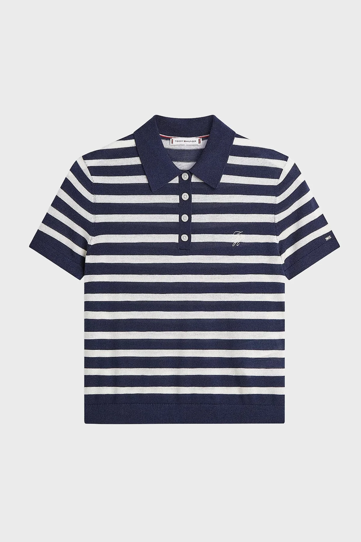 Tommy Hilfiger Çizgili İpek Karışımlı Kısa Kollu Düğmeli Kadın Polo Yaka Kazak WW0WW48503 0A5 LACİVERT-BEYAZ - 5