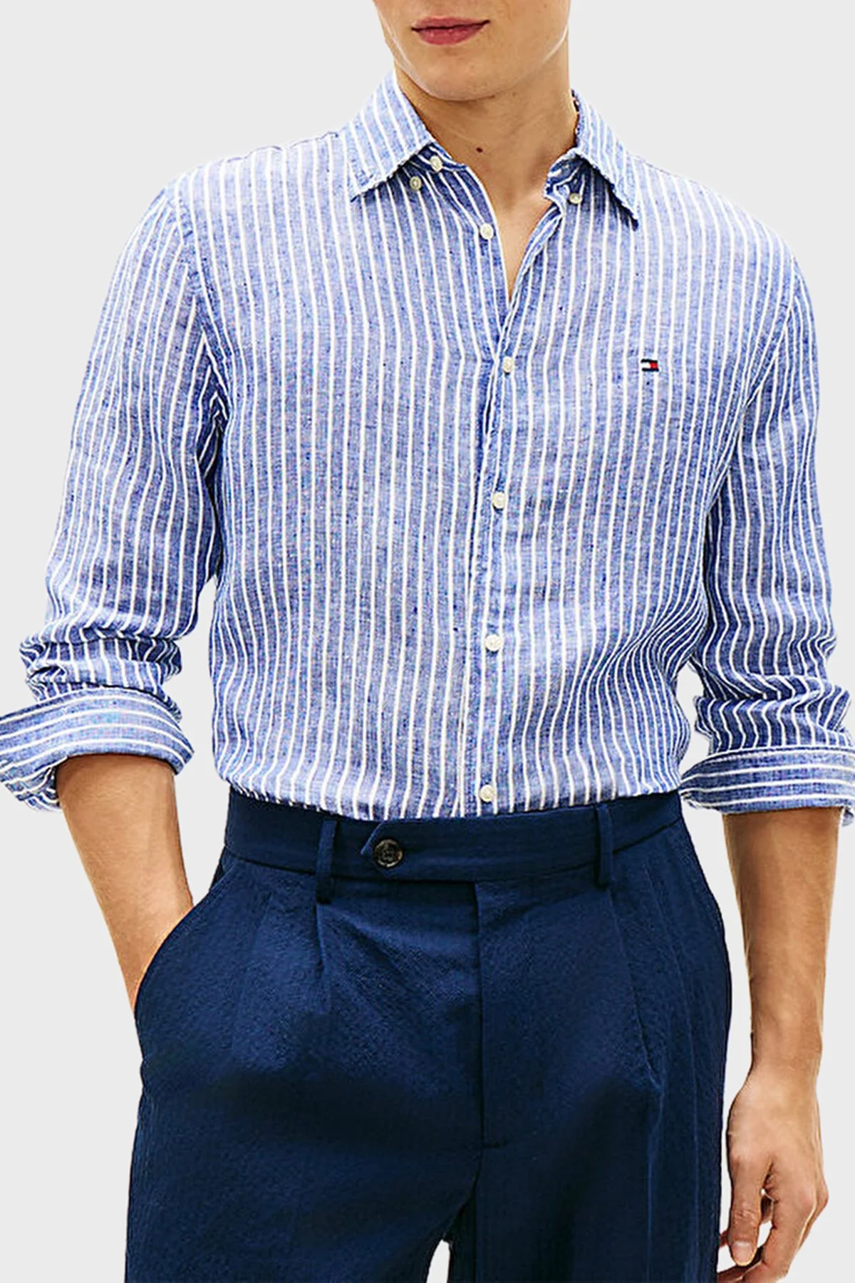 Tommy Hilfiger Çizgili Keten Regular Fit Uzun Kollu Erkek Gömlek MW0MW42400 0A4 MAVİ-BEYAZ - 1