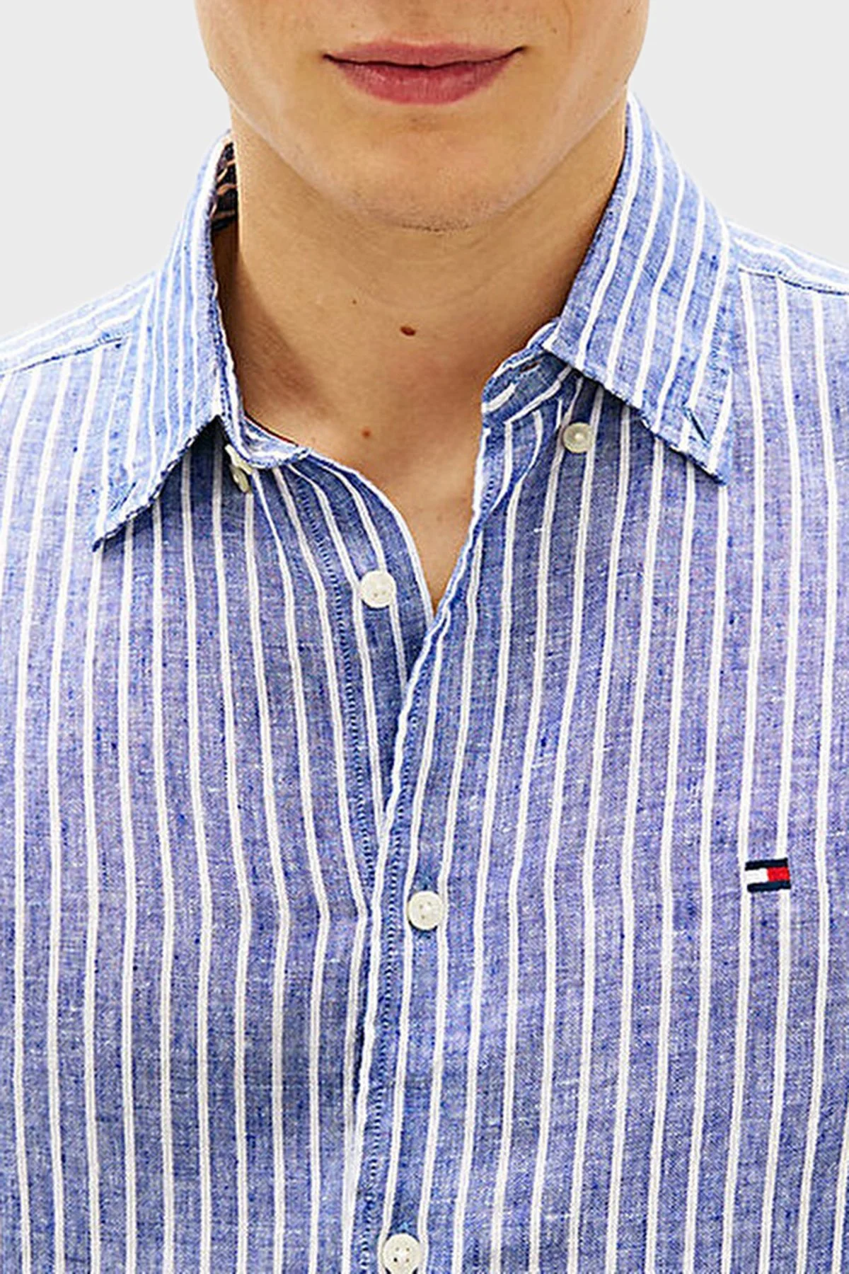 Tommy Hilfiger Çizgili Keten Regular Fit Uzun Kollu Erkek Gömlek MW0MW42400 0A4 MAVİ-BEYAZ - 4