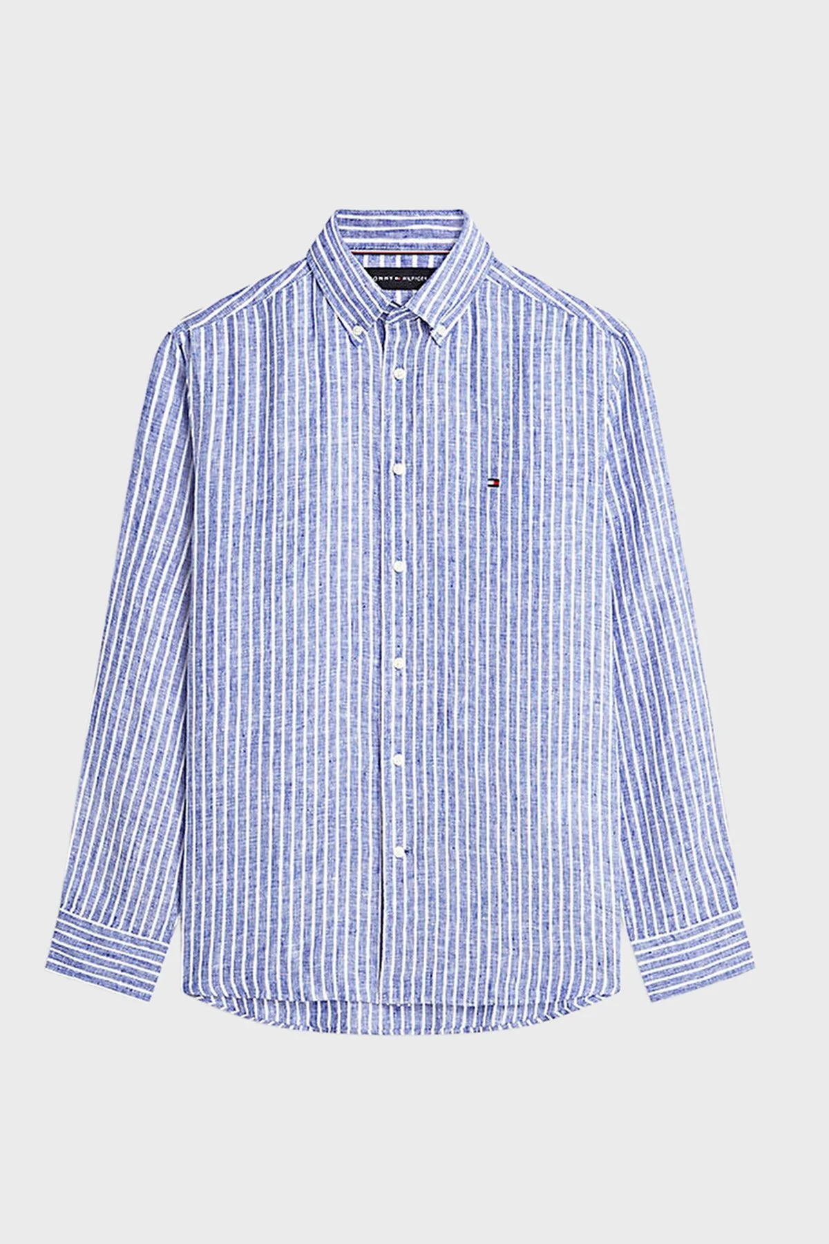 Tommy Hilfiger Çizgili Keten Regular Fit Uzun Kollu Erkek Gömlek MW0MW42400 0A4 MAVİ-BEYAZ - 5