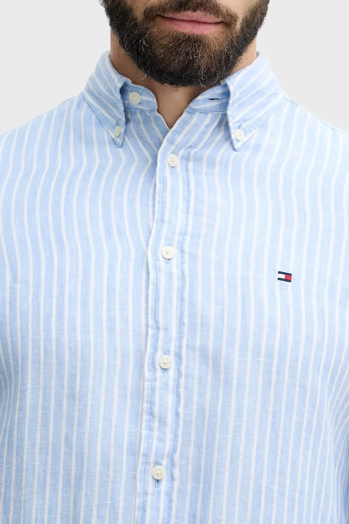 Tommy Hilfiger Çizgili Keten Regular Fit Uzun Kollu Erkek Gömlek MW0MW42400 0A5 MAVİ-BEYAZ - 4