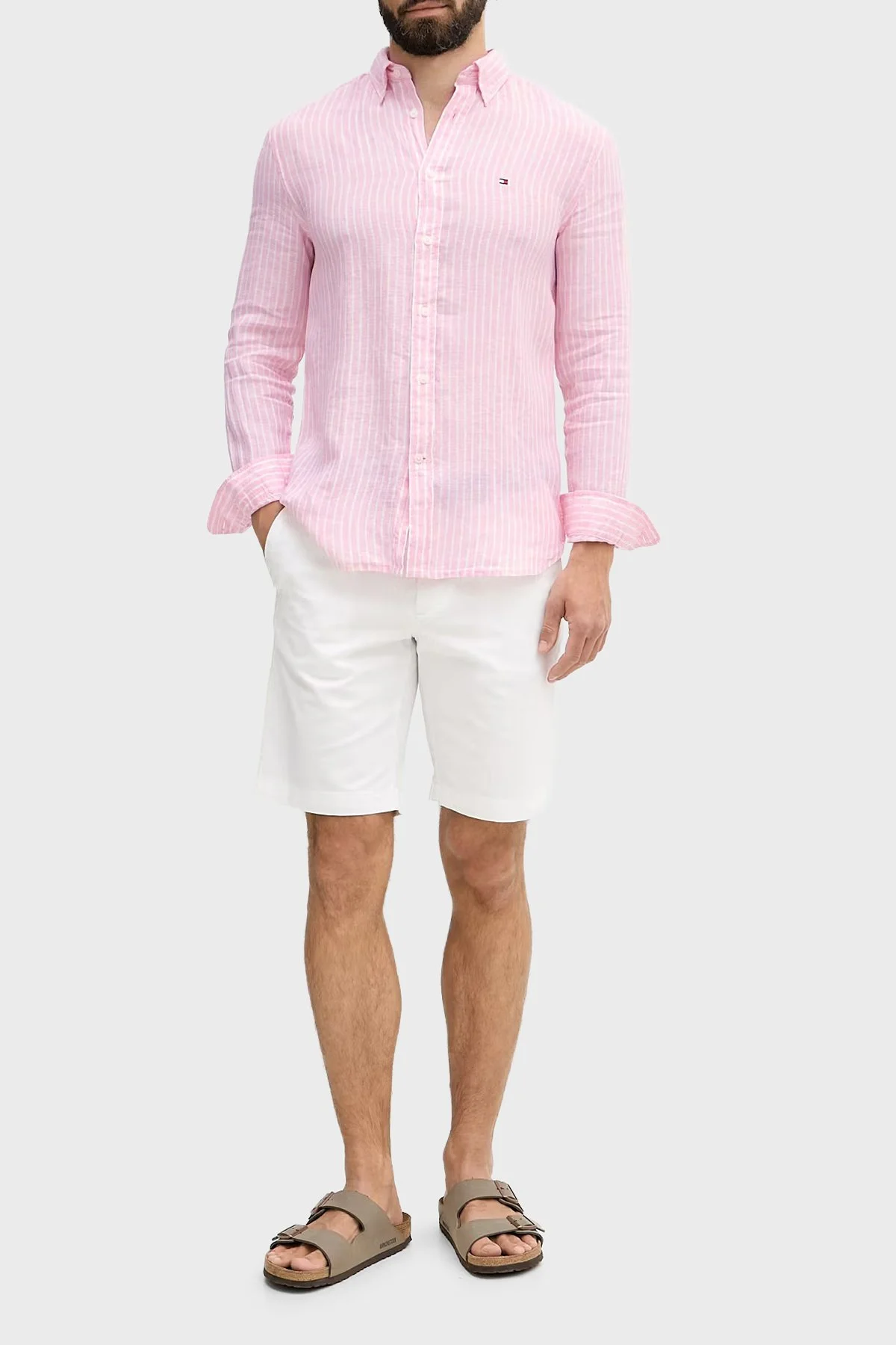 Tommy Hilfiger Çizgili Keten Regular Fit Uzun Kollu Erkek Gömlek MW0MW42400 0D1 PEMBE-BEYAZ - 2