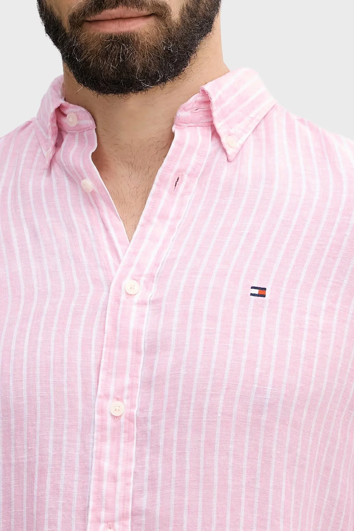 Tommy Hilfiger Çizgili Keten Regular Fit Uzun Kollu Erkek Gömlek MW0MW42400 0D1 PEMBE-BEYAZ - 4