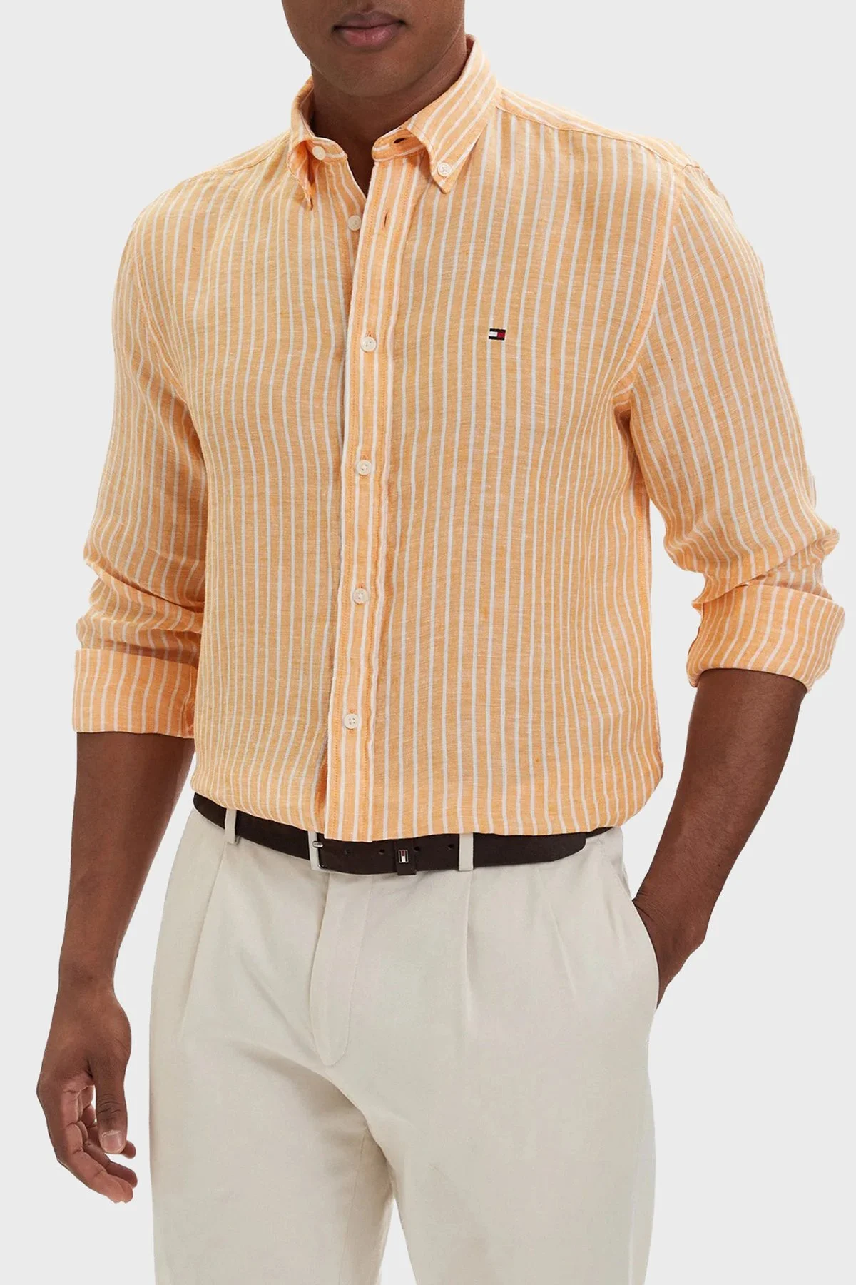 Tommy Hilfiger Çizgili Keten Regular Fit Uzun Kollu Erkek Gömlek MW0MW42400 0DM Orange-Beyaz - 1