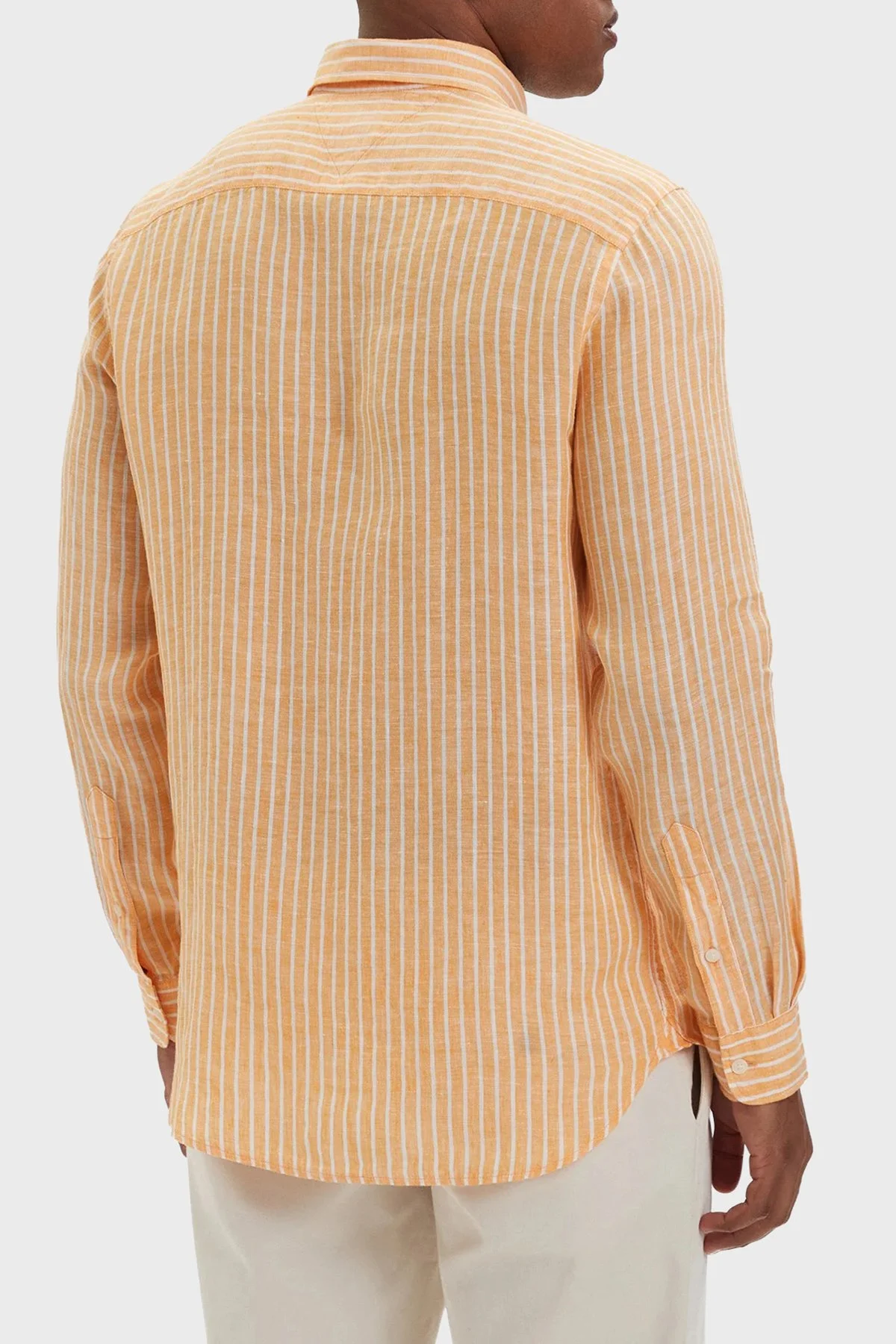 Tommy Hilfiger Çizgili Keten Regular Fit Uzun Kollu Erkek Gömlek MW0MW42400 0DM Orange-Beyaz - 3