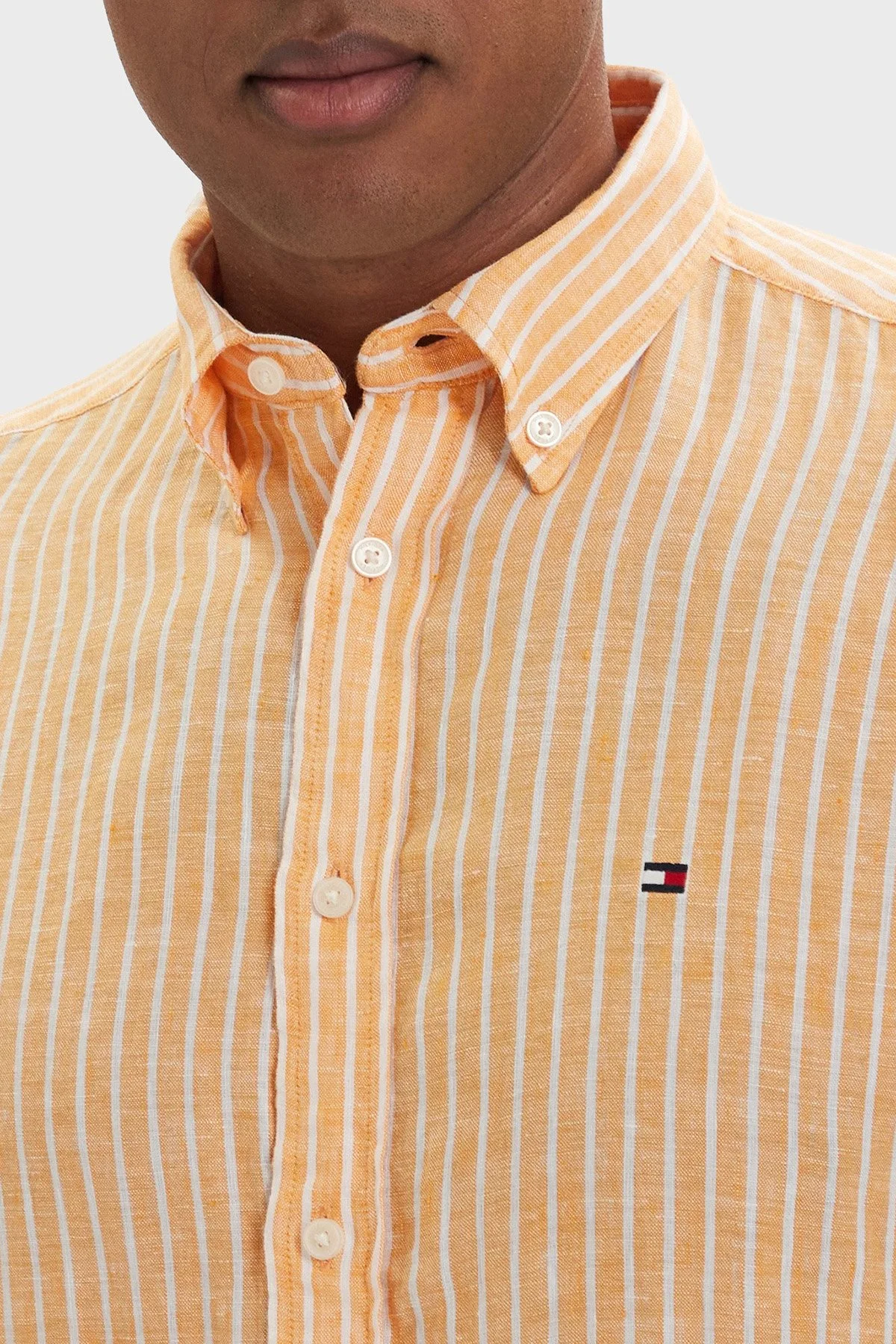 Tommy Hilfiger Çizgili Keten Regular Fit Uzun Kollu Erkek Gömlek MW0MW42400 0DM Orange-Beyaz - 4