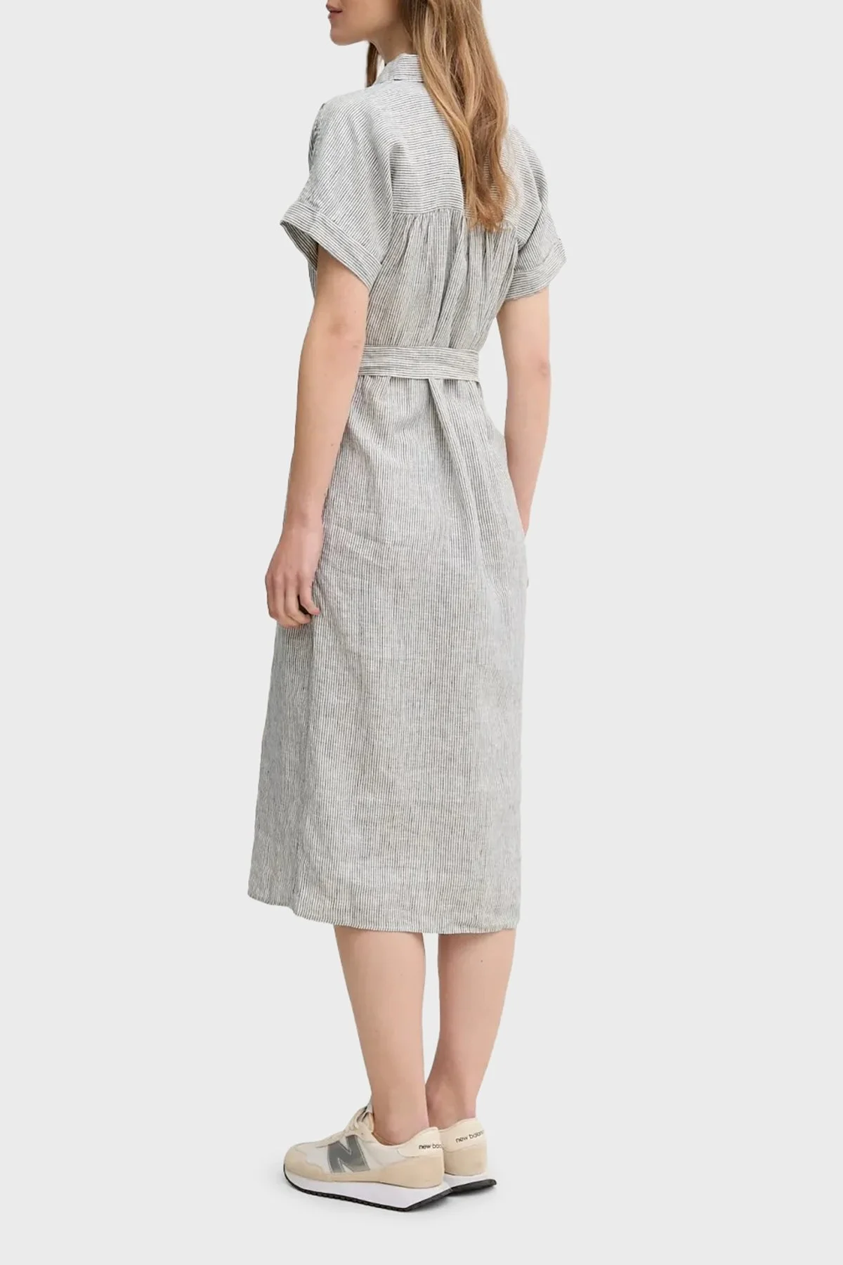 Tommy Hilfiger Çizgili Logolu % 100 Keten Regular Fit Kemerli Bayan Gömlek Elbise WW0WW44653 0X9 BEYAZ-LACİVERT - 8