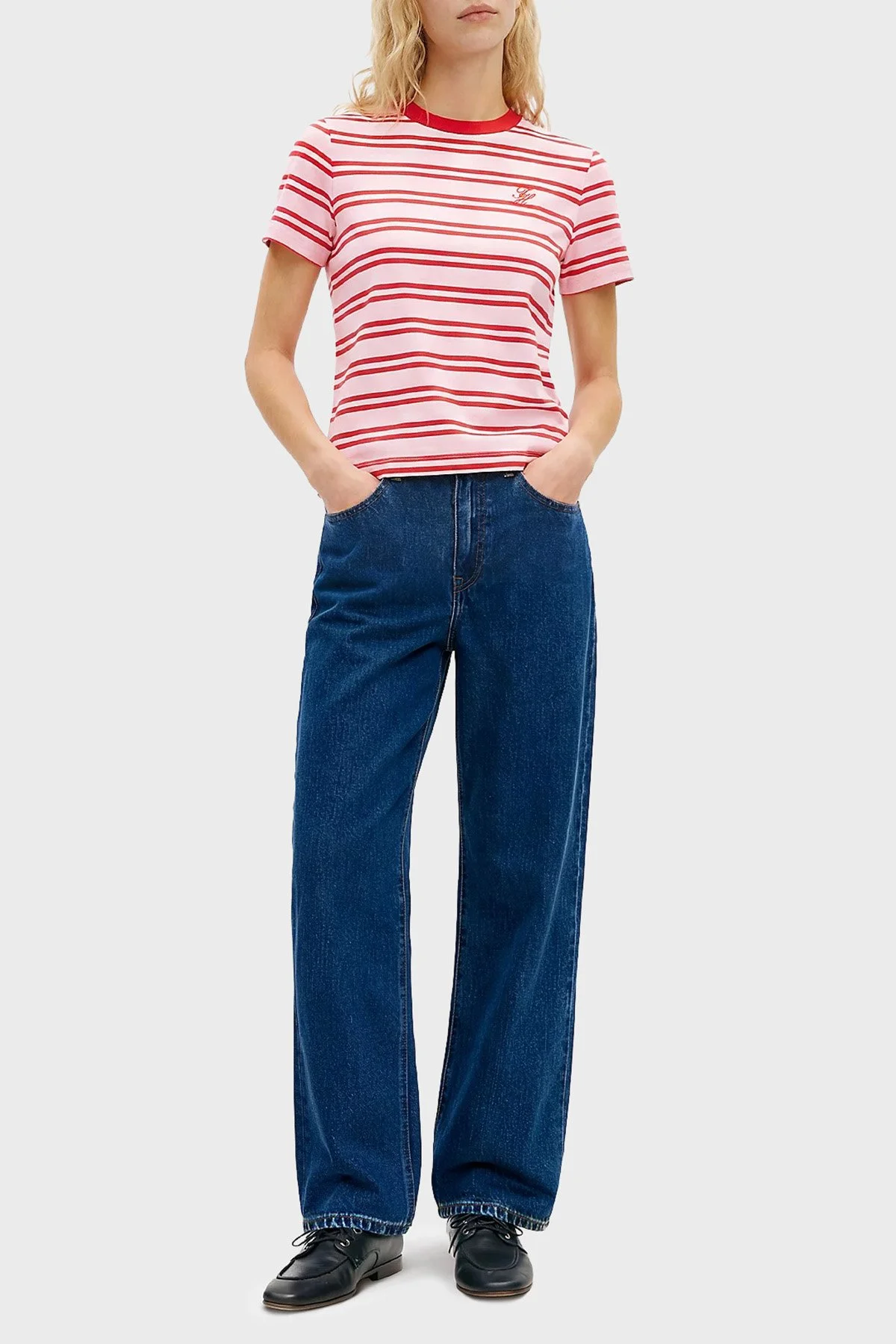 Tommy Hilfiger Çizgili Pamuklu Regular Fit Bisiklet Yaka Kadın T Shirt WW0WW48699 0D3 PEMBE - 2