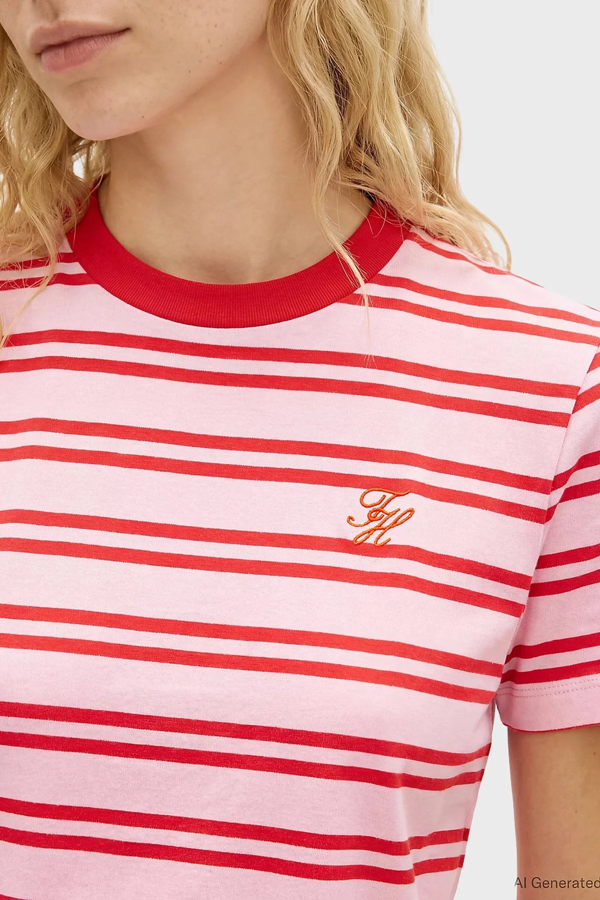 Tommy Hilfiger Çizgili Pamuklu Regular Fit Bisiklet Yaka Kadın T Shirt WW0WW48699 0D3 PEMBE - 4