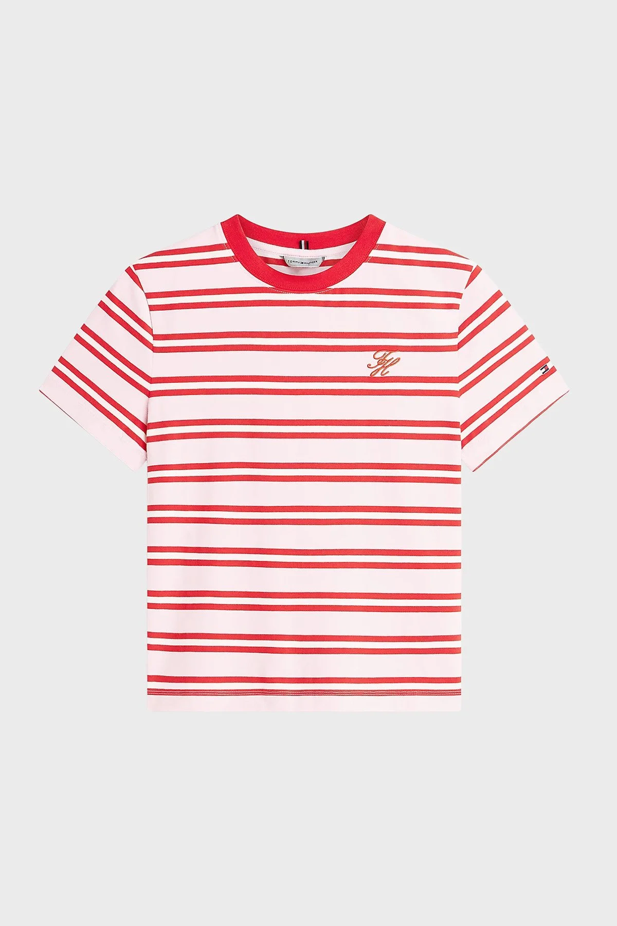 Tommy Hilfiger Çizgili Pamuklu Regular Fit Bisiklet Yaka Kadın T Shirt WW0WW48699 0D3 PEMBE - 5