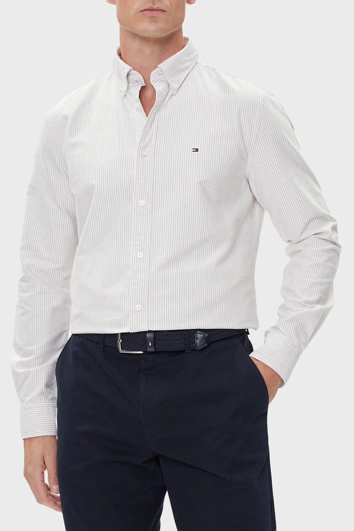 Tommy Hilfiger Çizgili Pamuklu Regular Fit Düğmeli Yaka Erkek Gömlek MW0MW36238 0BJ Bej-Açık Kahve - 1