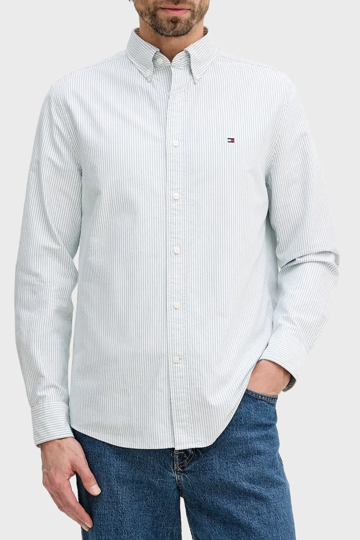 Tommy Hilfiger Çizgili Pamuklu Regular Fit Düğmeli Yaka Erkek Gömlek MW0MW36238 0CD YEŞİL - 1