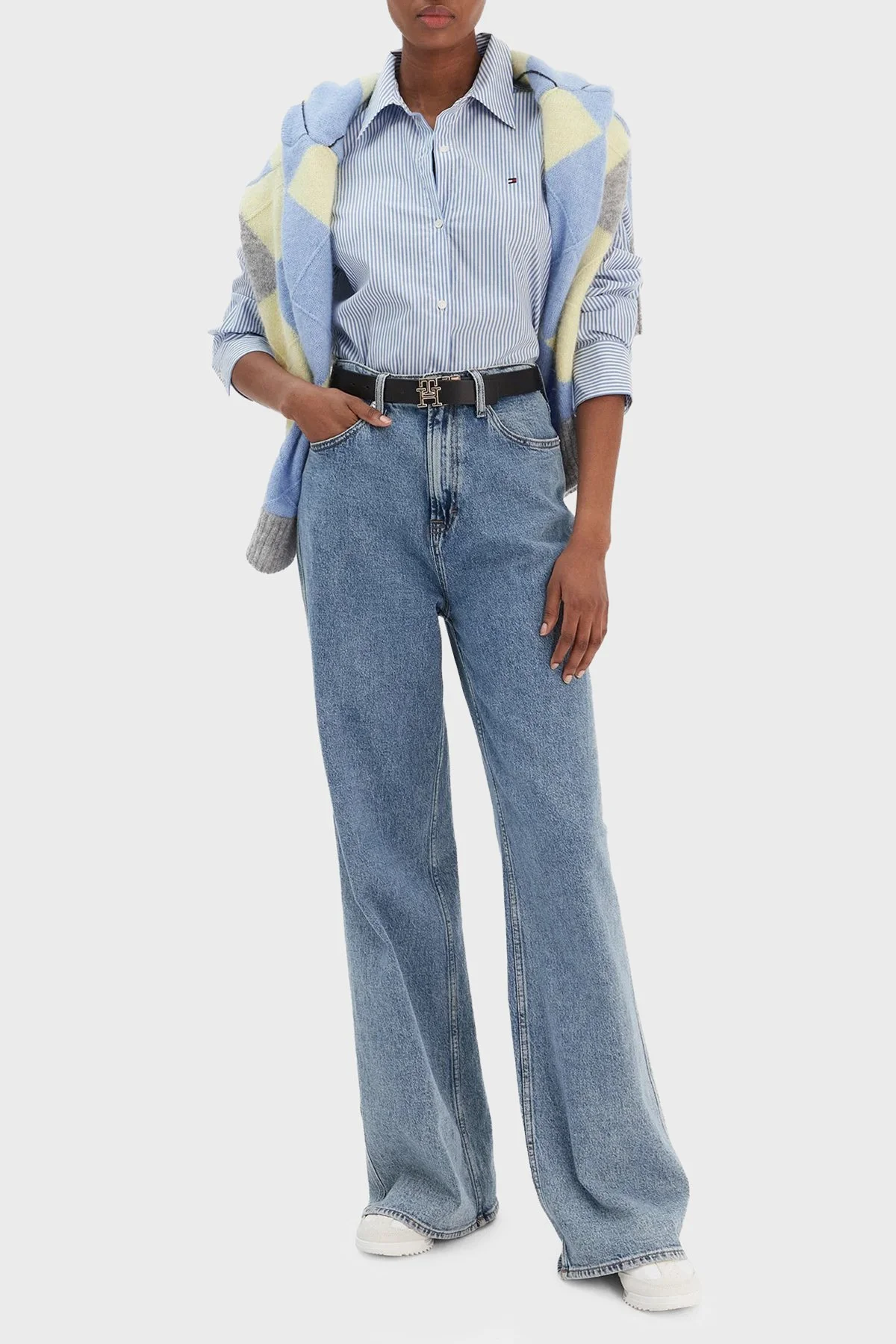 Tommy Hilfiger Çizgili Pamuklu Regular Fit Uzun Kollu Bayan Gömlek WW0WW47169 0BC MAVİ-BEYAZ - 2