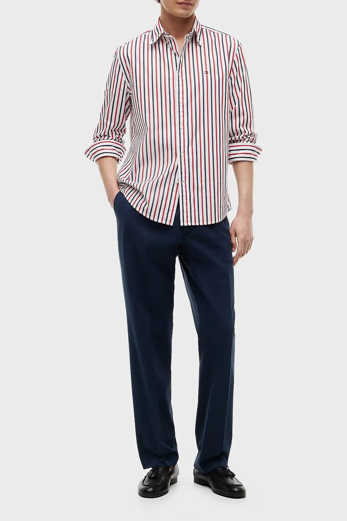 Tommy Hilfiger Çizgili Pamuklu Regular Fit Uzun Kollu Erkek Gömlek MW0MW43315 0EV Beyaz-kırmızı-lacivert - 2