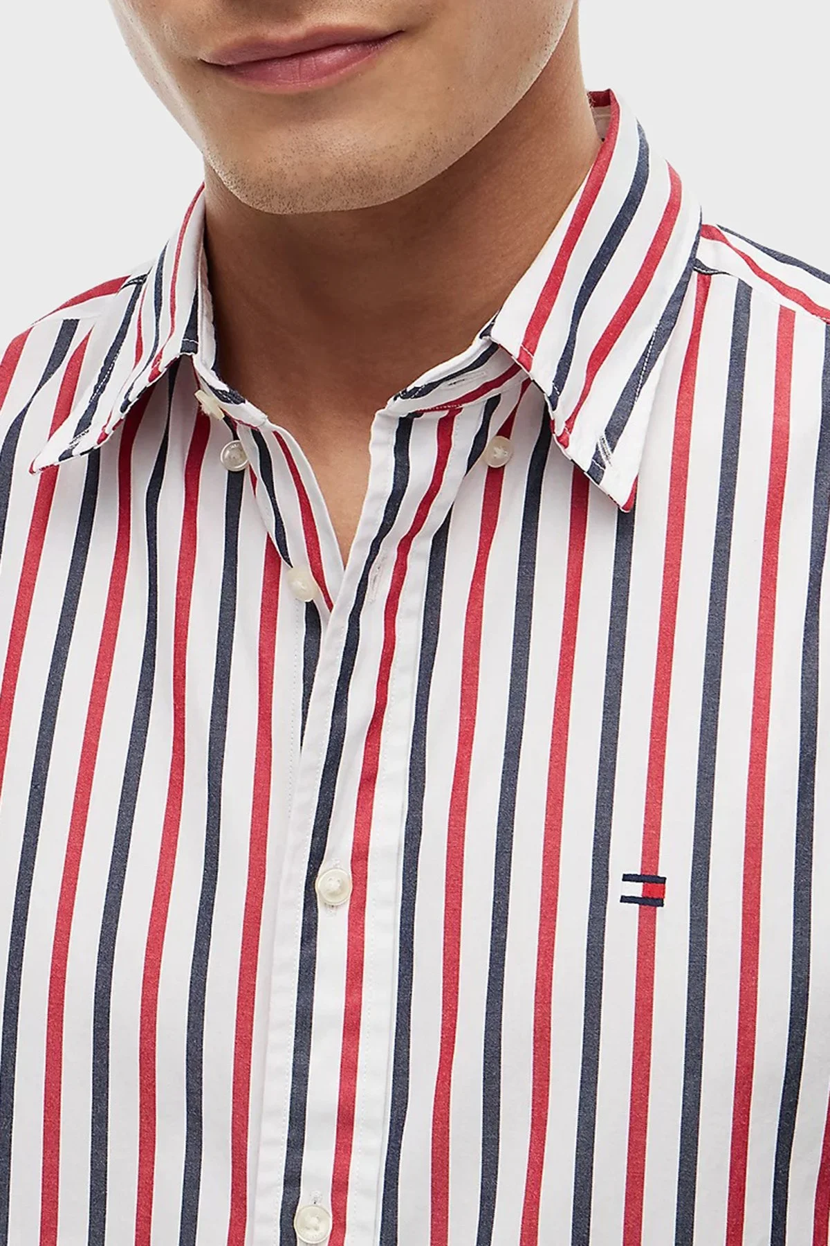 Tommy Hilfiger Çizgili Pamuklu Regular Fit Uzun Kollu Erkek Gömlek MW0MW43315 0EV Beyaz-kırmızı-lacivert - 4