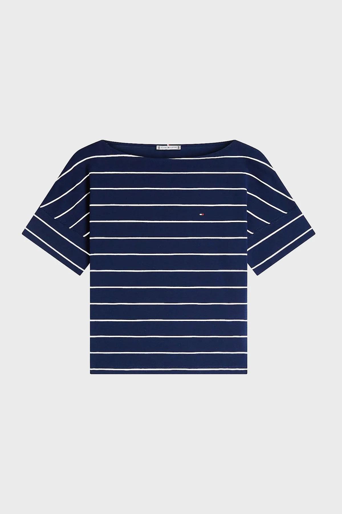 Tommy Hilfiger Çizgili Pamuklu Relaxed Fit Kayık Yaka Bayan T Shirt WW0WW49723 0ZC LACİVERT-BEYAZ - 5