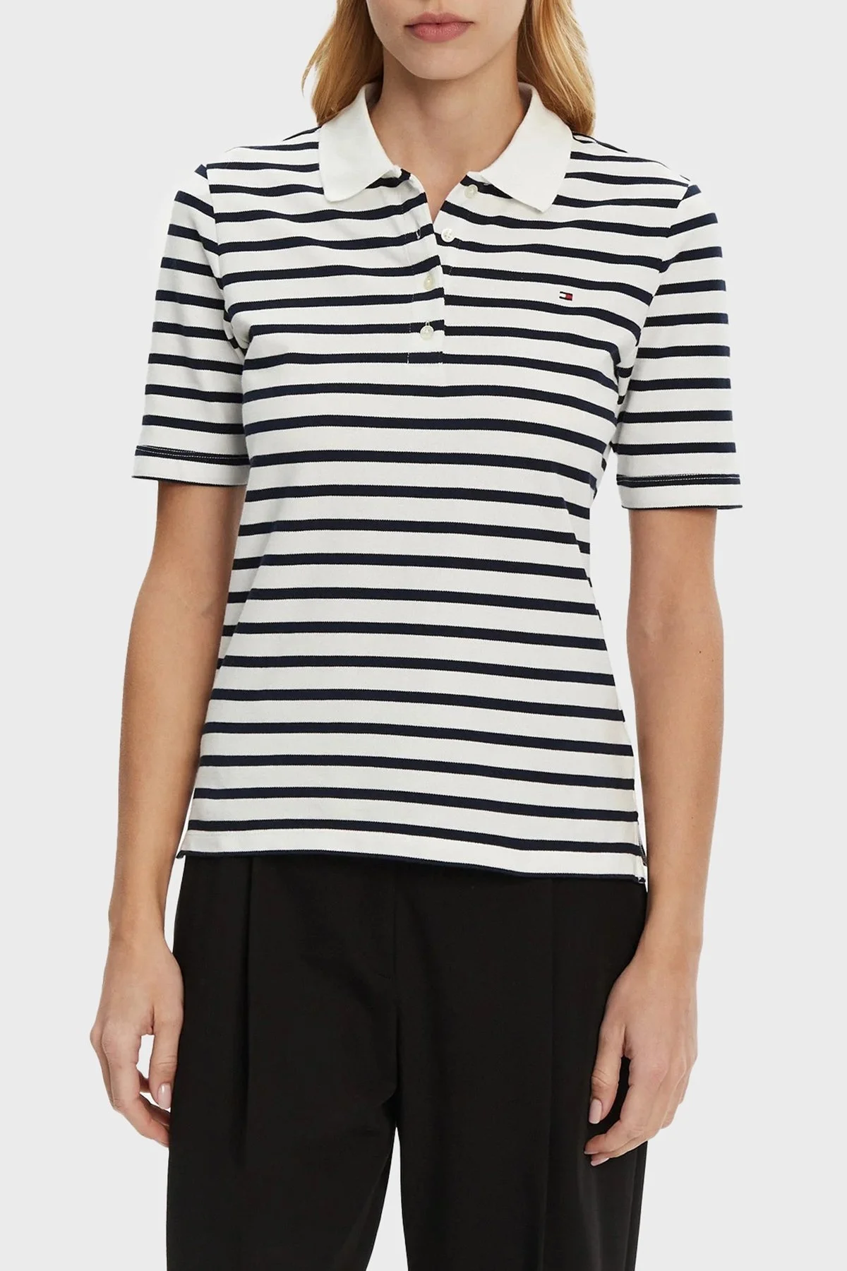 Tommy Hilfiger Çizgili Streç Pamuklu Regular Fit Düğmeli Bayan Polo Yaka T Shirt WW0WW43224 0BF EKRU-LACİVERT - 6