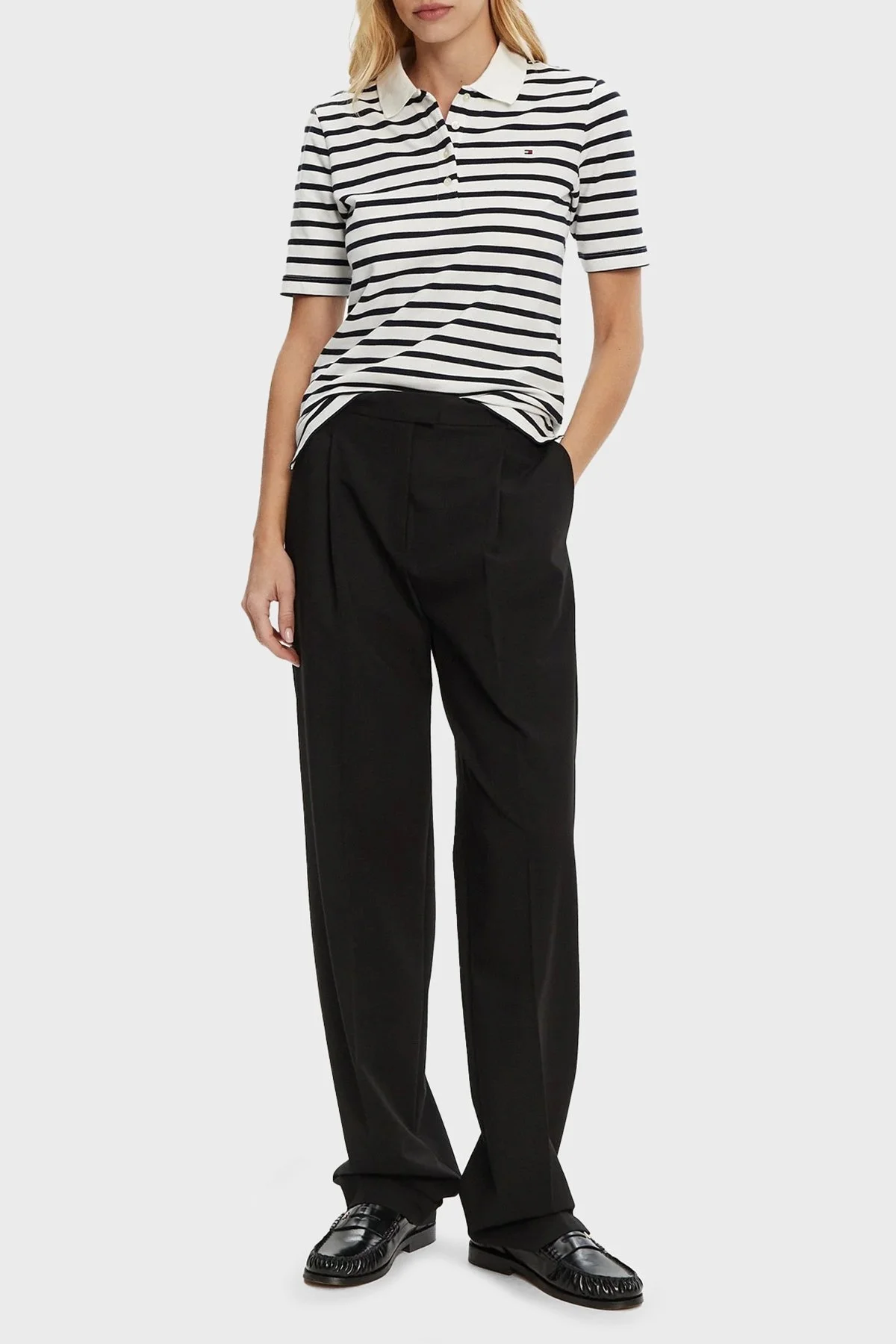 Tommy Hilfiger Çizgili Streç Pamuklu Regular Fit Düğmeli Bayan Polo Yaka T Shirt WW0WW43224 0BF EKRU-LACİVERT - 8