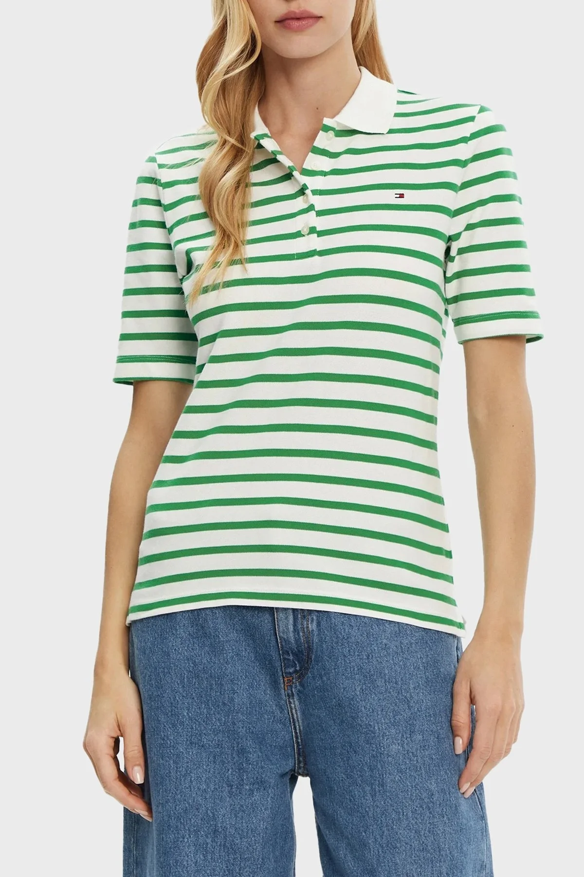 Tommy Hilfiger Çizgili Streç Pamuklu Regular Fit Düğmeli Bayan Polo Yaka T Shirt WW0WW43224 0FO BEYAZ-YEŞİL - 5