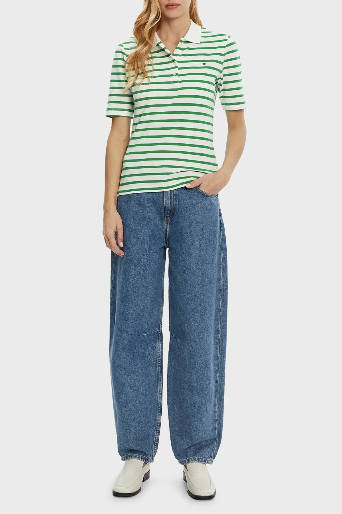 Tommy Hilfiger Çizgili Streç Pamuklu Regular Fit Düğmeli Bayan Polo Yaka T Shirt WW0WW43224 0FO BEYAZ-YEŞİL - 7