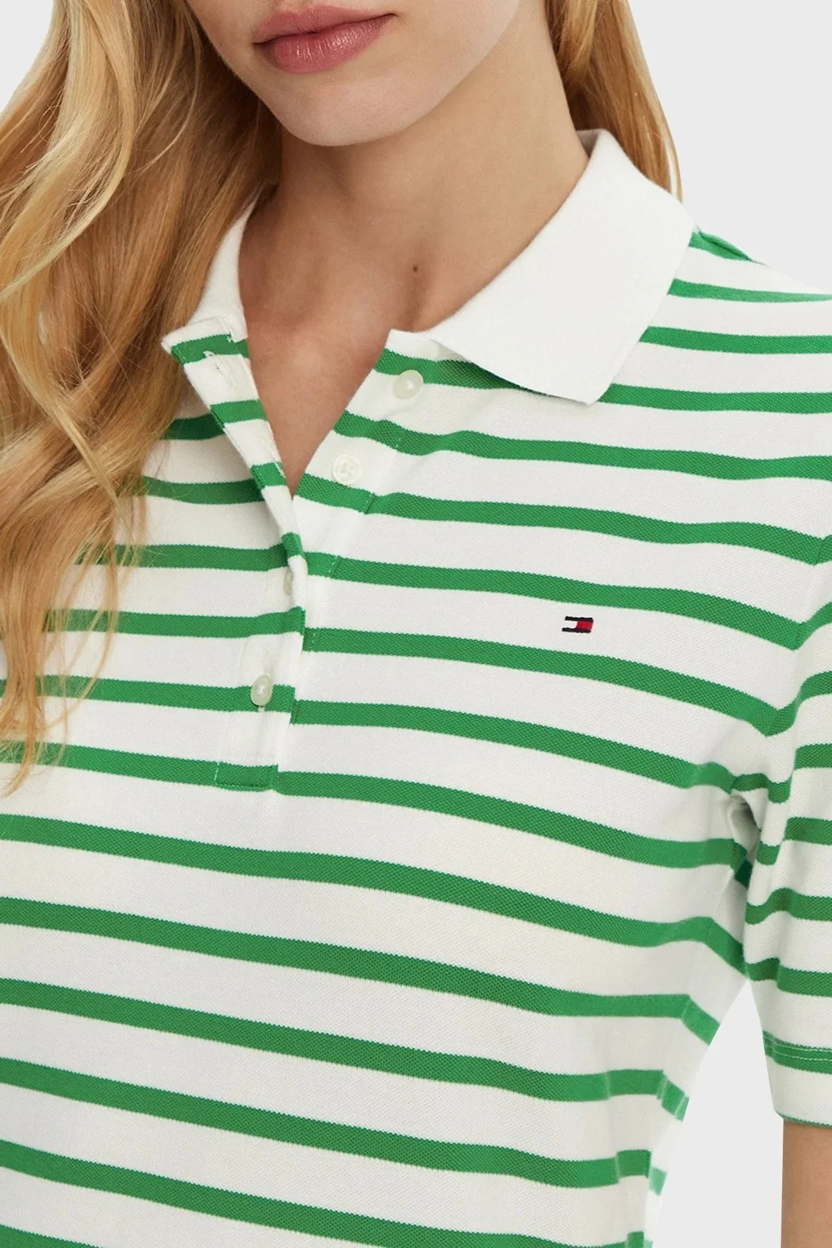 Tommy Hilfiger Çizgili Streç Pamuklu Regular Fit Düğmeli Bayan Polo Yaka T Shirt WW0WW43224 0FO BEYAZ-YEŞİL - 8