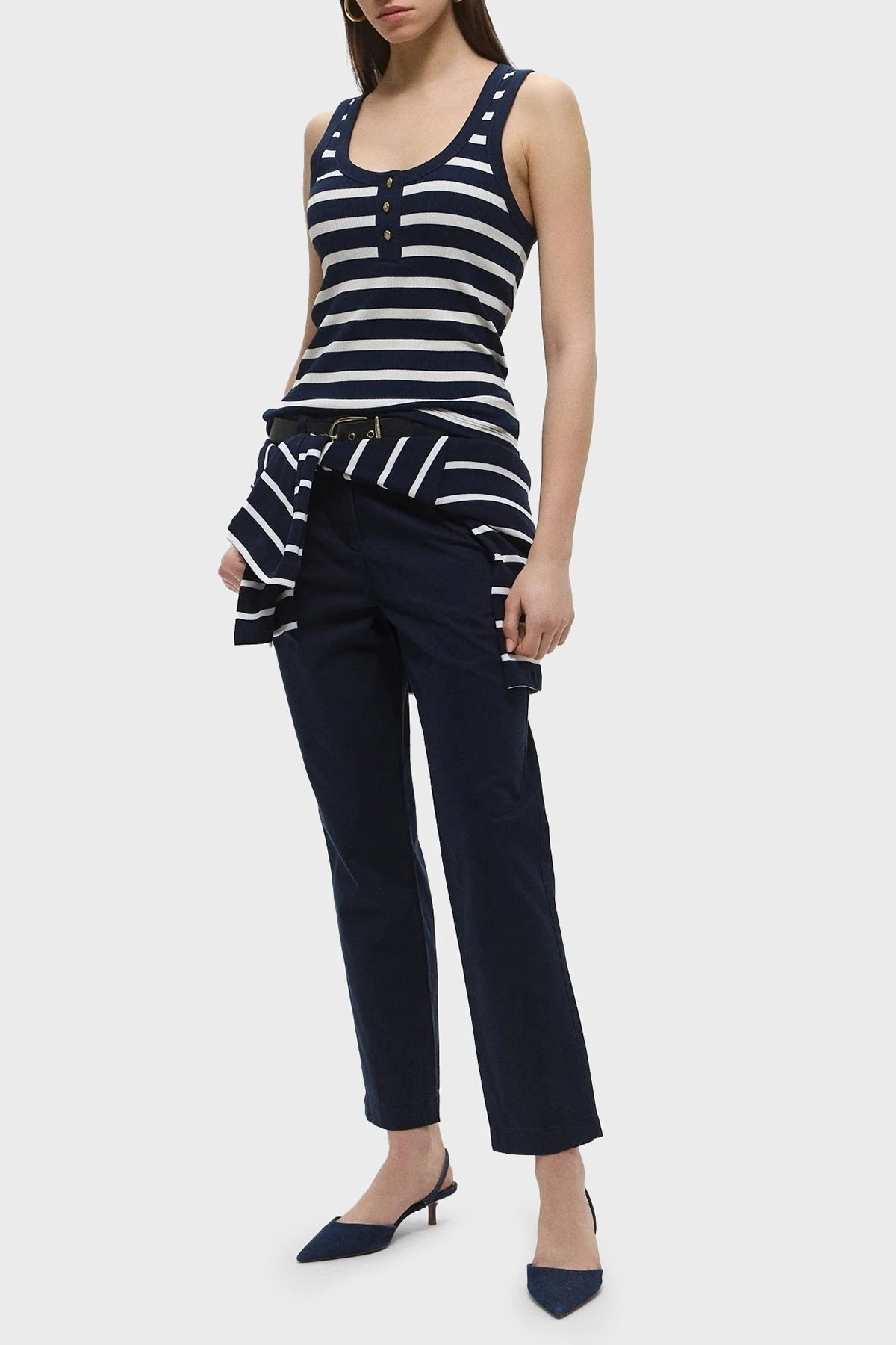 Tommy Hilfiger Çizgili Streç Pamuklu Slim Fit Yuvarlak Yaka Bayan Top WW0WW43920 0A4 BEYAZ-MAVİ - 7