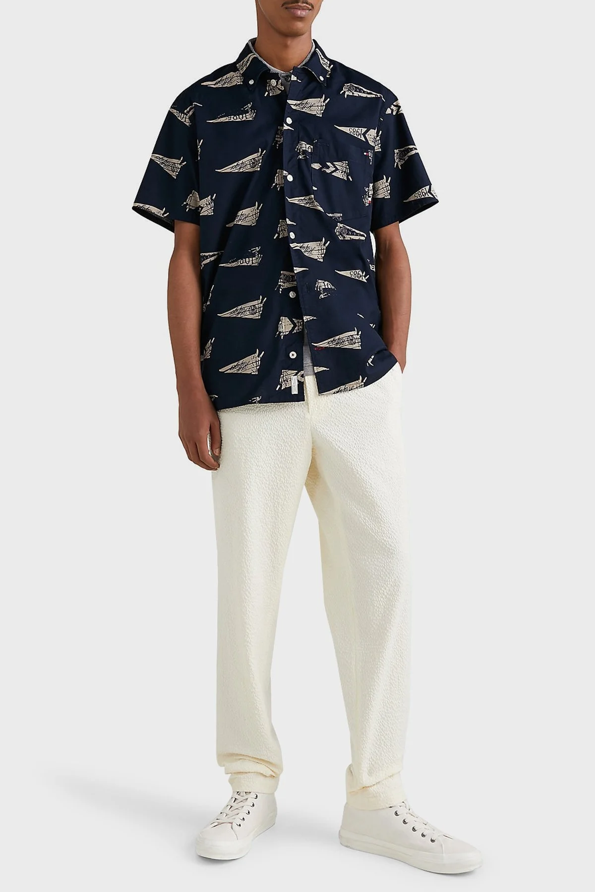 Tommy Hilfiger Desenli Organik Pamuklu Regular Fit Kısa Kollu Erkek Gömlek MW0MW30692 0GY LACİVERT - 2