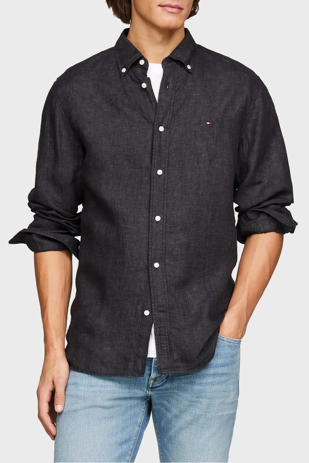 Tommy Hilfiger Düğmeli Yaka % 100 Keten Regular Fit Erkek Gömlek MW0MW34602 BDS SİYAH - 5