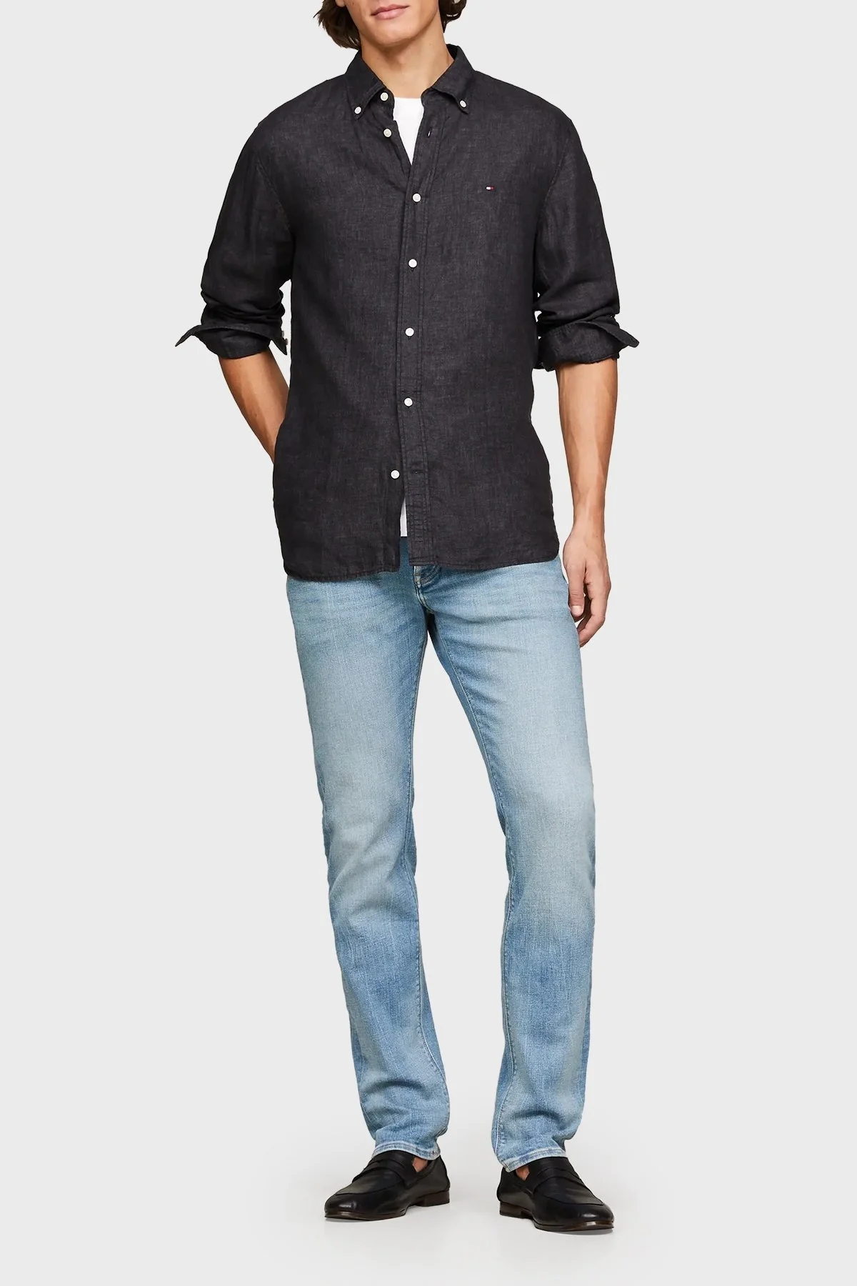 Tommy Hilfiger Düğmeli Yaka % 100 Keten Regular Fit Erkek Gömlek MW0MW34602 BDS SİYAH - 7