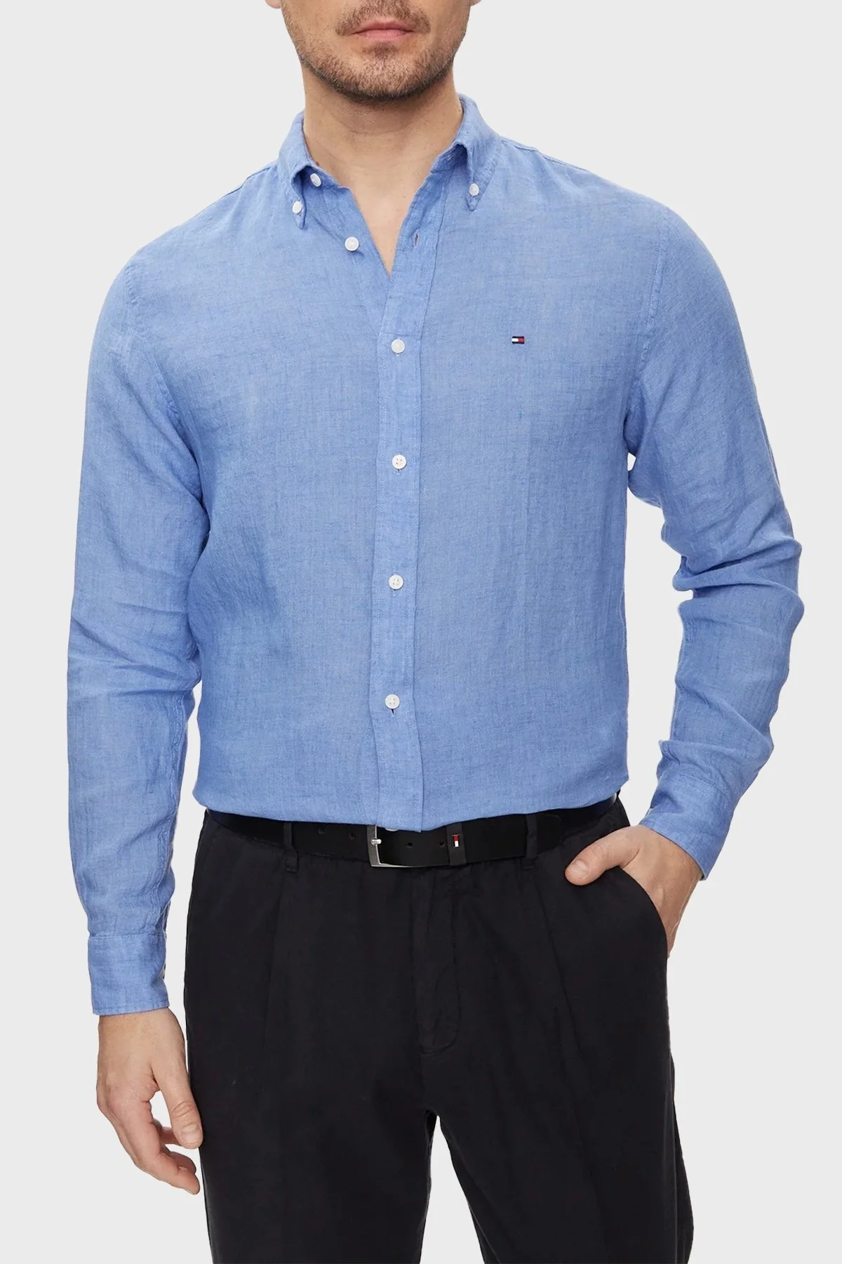 Tommy Hilfiger Düğmeli Yaka % 100 Keten Regular Fit Erkek Gömlek MW0MW34602 C30 MAVİ - 1