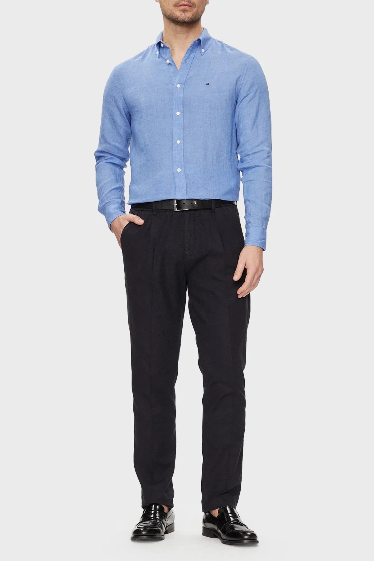 Tommy Hilfiger Düğmeli Yaka % 100 Keten Regular Fit Erkek Gömlek MW0MW34602 C30 MAVİ - 2